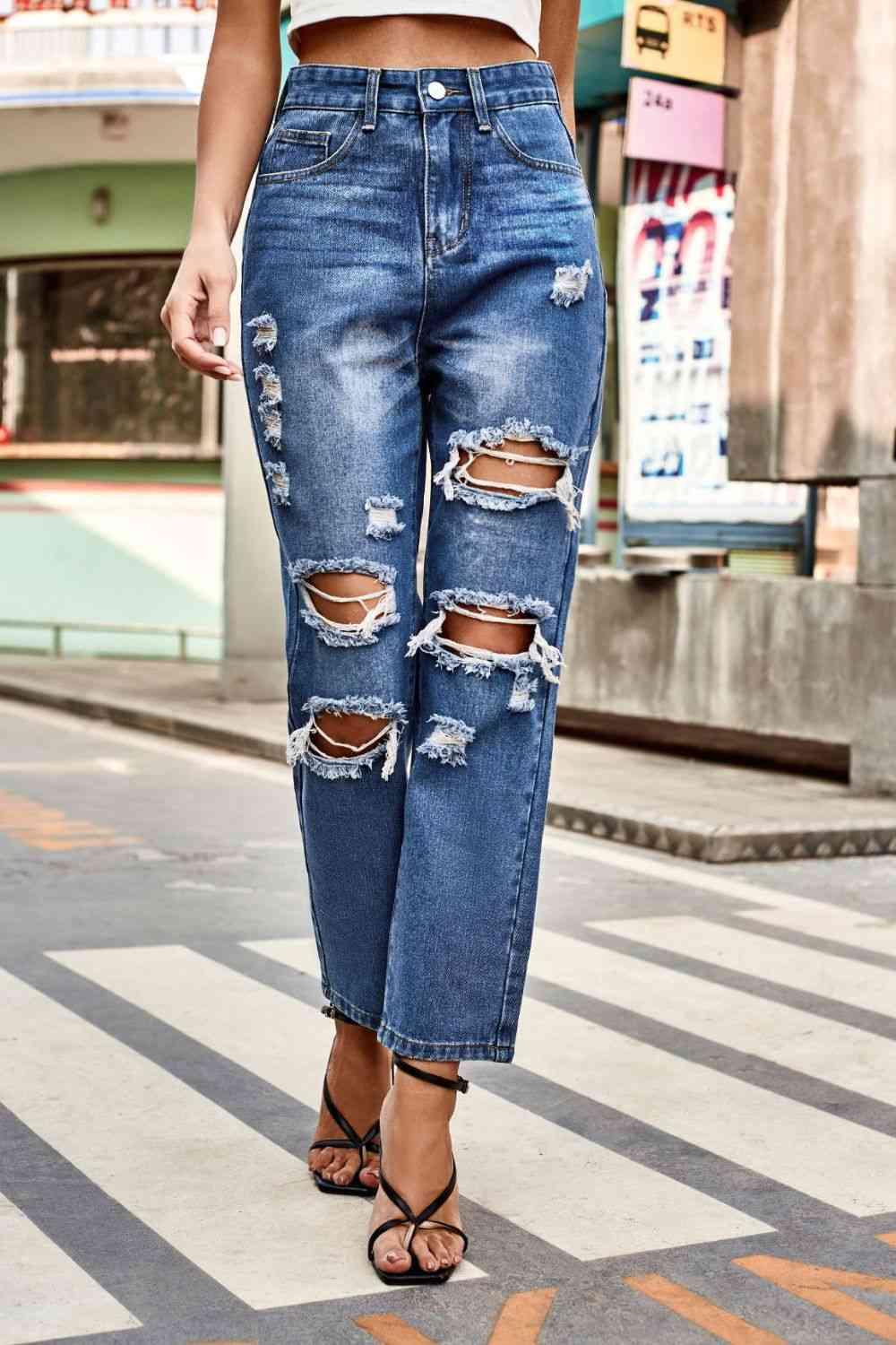 Distressed Buttoned Jeans with Pockets - Lab Fashion, Home & Health