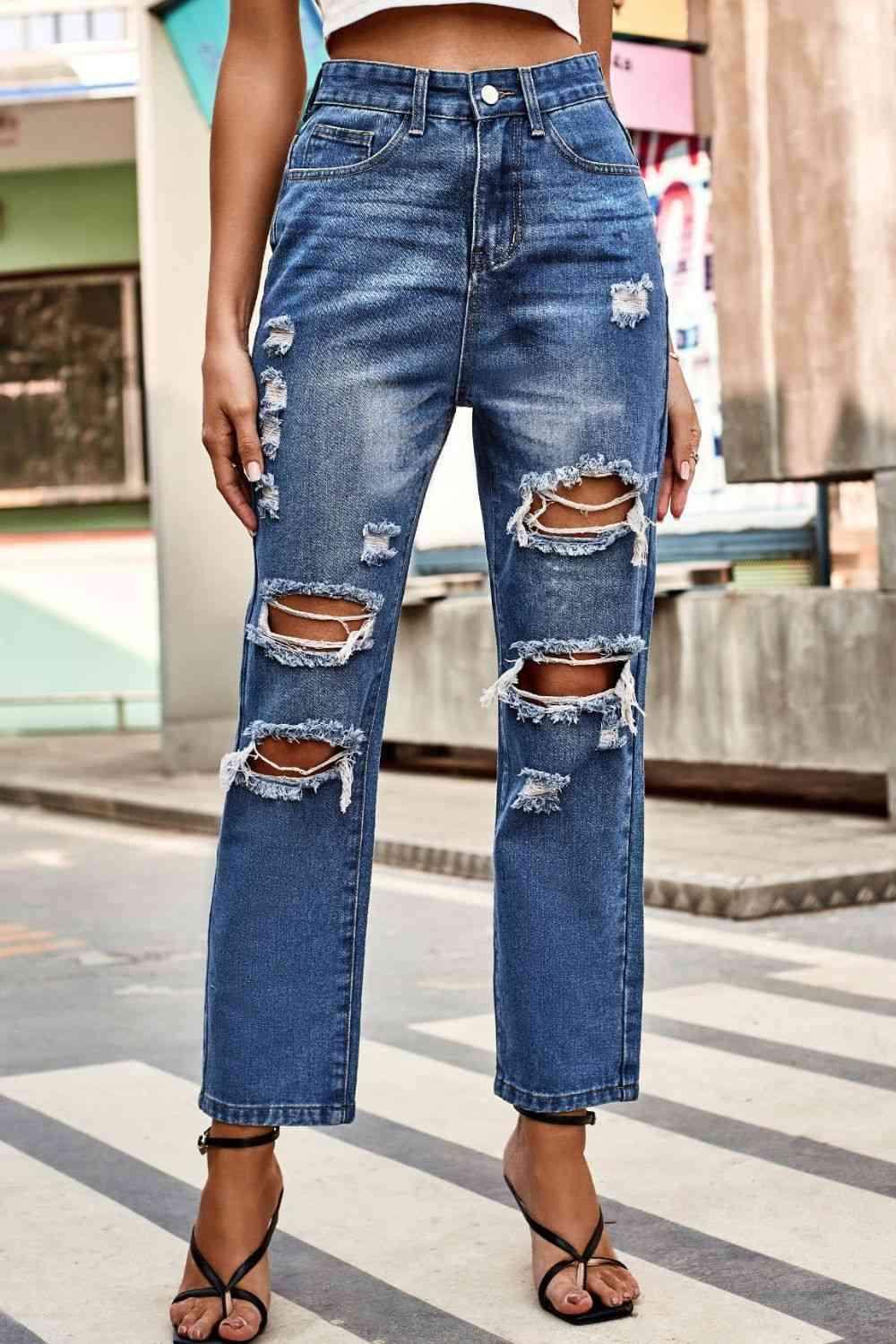Distressed Buttoned Jeans with Pockets - Lab Fashion, Home & Health