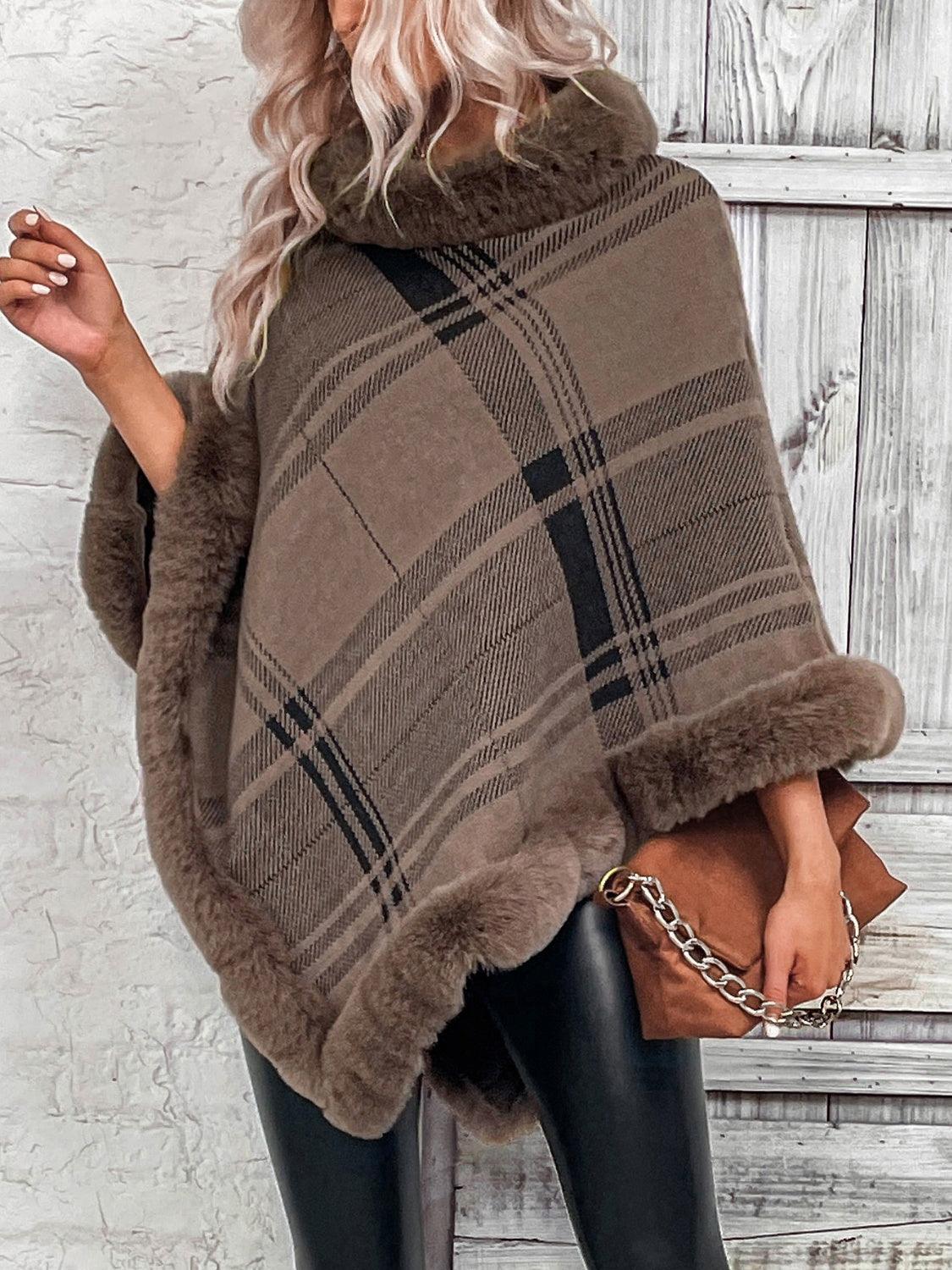 Plaid Faux Fur Trim Poncho - Lab Fashion, Home & Health