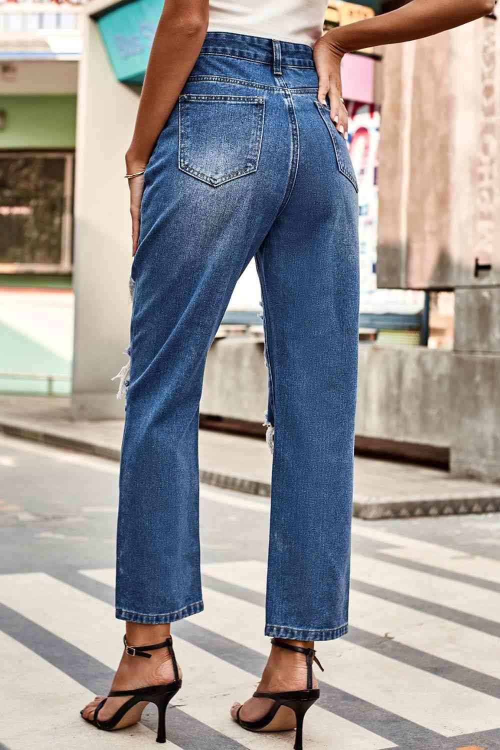 Distressed Buttoned Jeans with Pockets - Lab Fashion, Home & Health