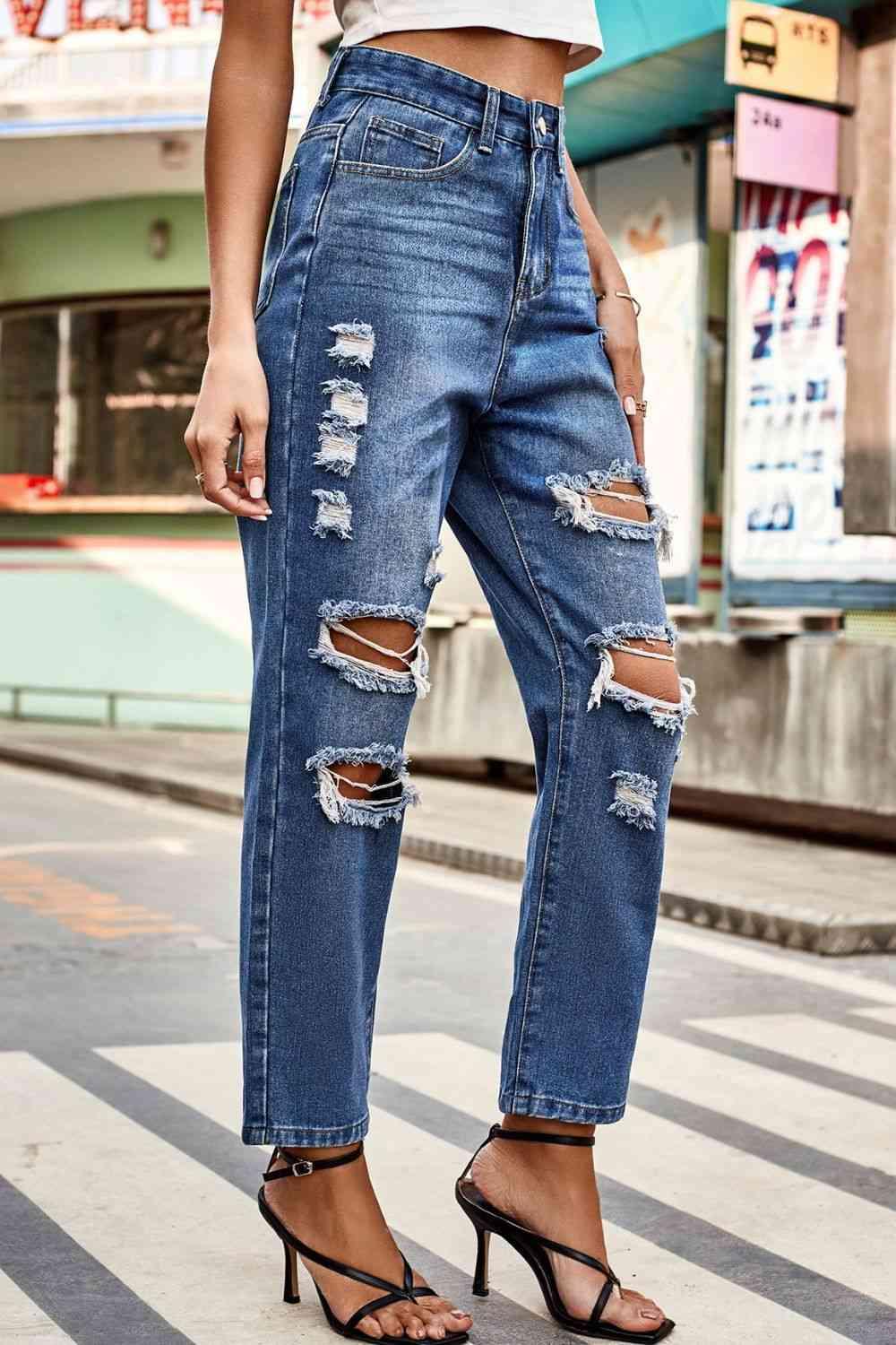 Distressed Buttoned Jeans with Pockets - Lab Fashion, Home & Health