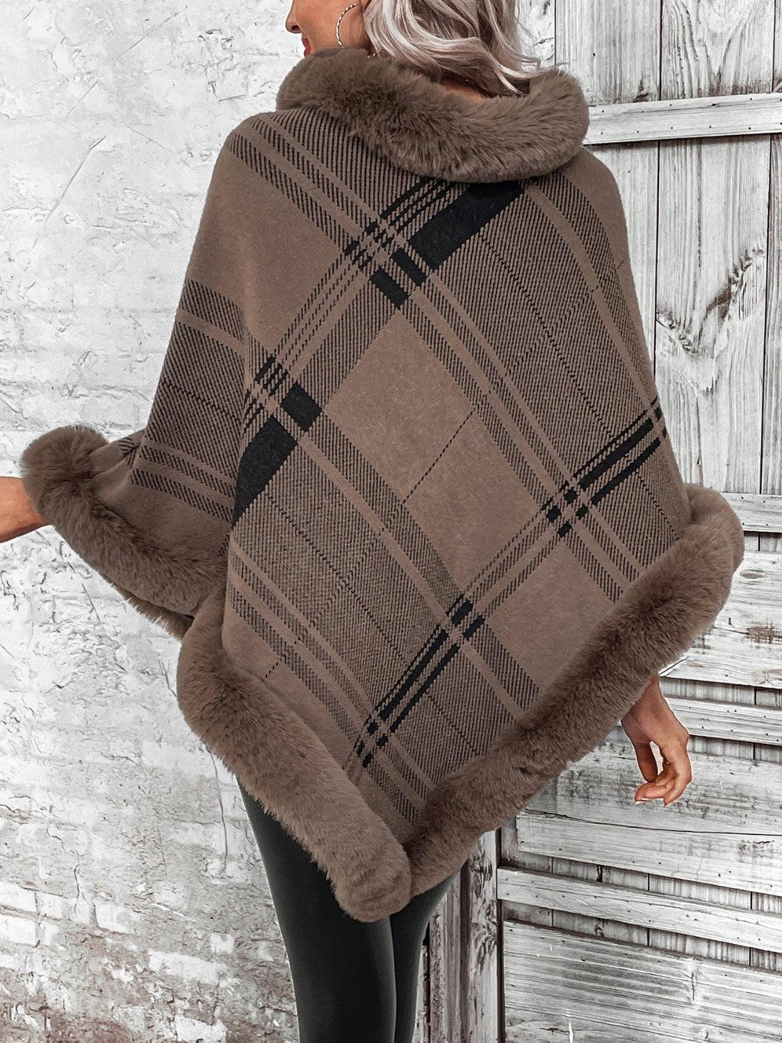 Plaid Faux Fur Trim Poncho - Lab Fashion, Home & Health