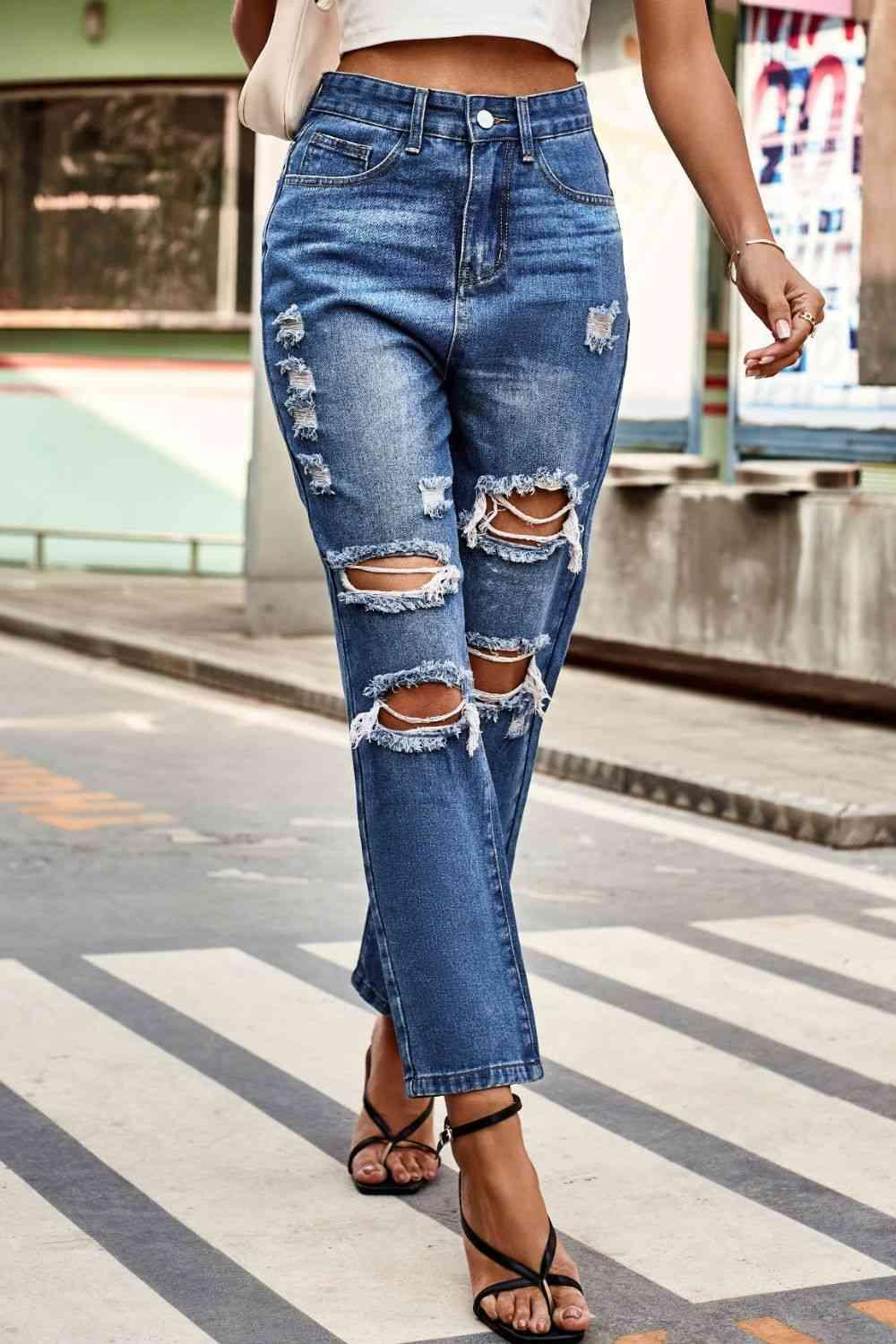 Distressed Buttoned Jeans with Pockets - Lab Fashion, Home & Health