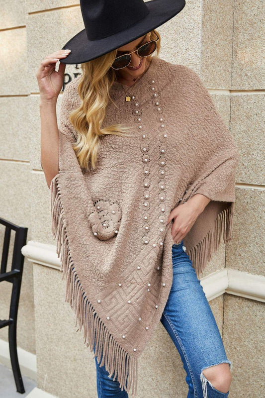 Pearl Trim Fringe Hem Poncho - Lab Fashion, Home & Health