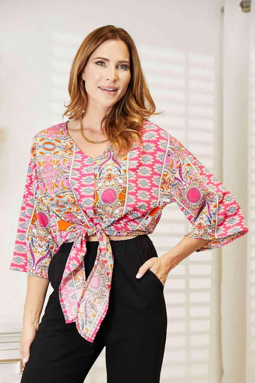 Double Take Tie Hem V-Neck Three-Quarter Sleeve Blouse - Lab Fashion, Home & Health