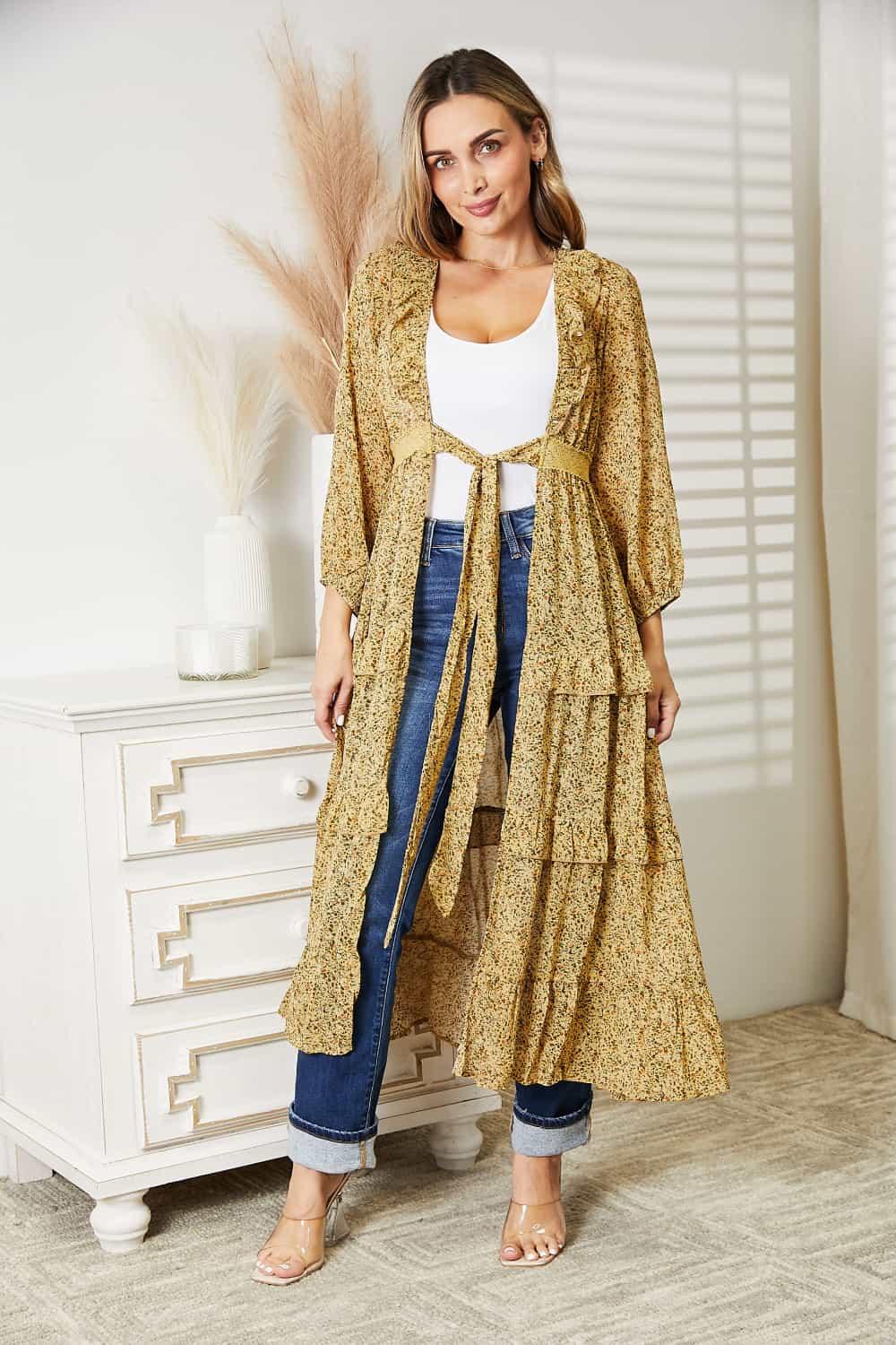 HEYSON Full Size Tie Front Ruffled Duster Cardigan - Lab Fashion, Home & Health