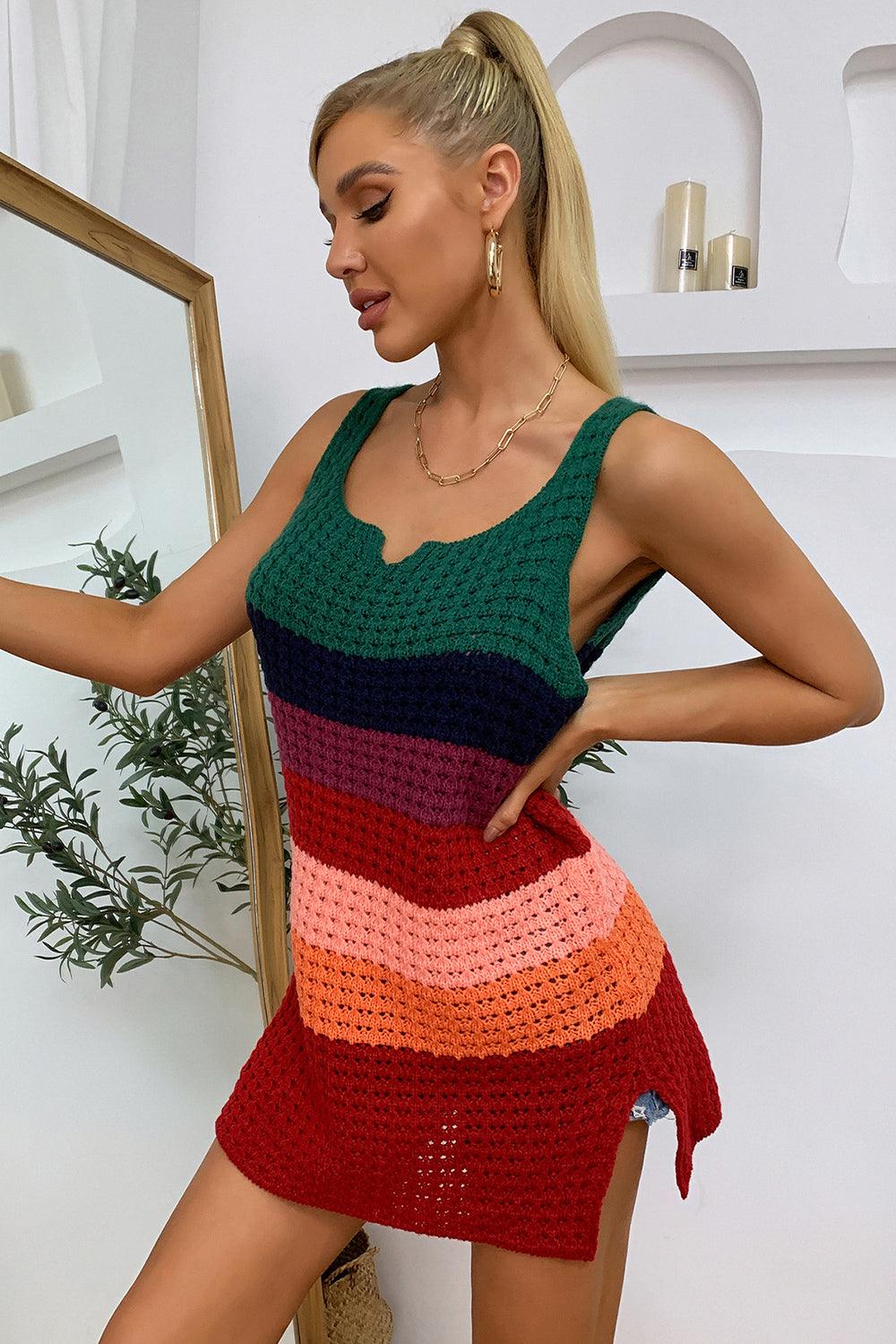 Color Block Notched Neck Slit Sweater Dress - Lab Fashion, Home & Health