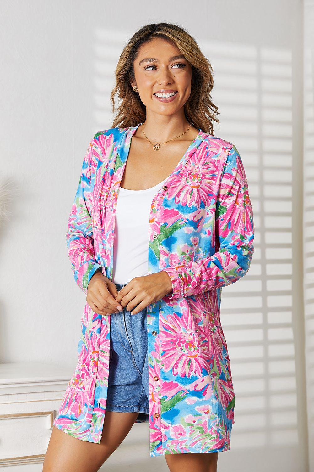 Double Take Floral Open Front Long Sleeve Cardigan - Lab Fashion, Home & Health