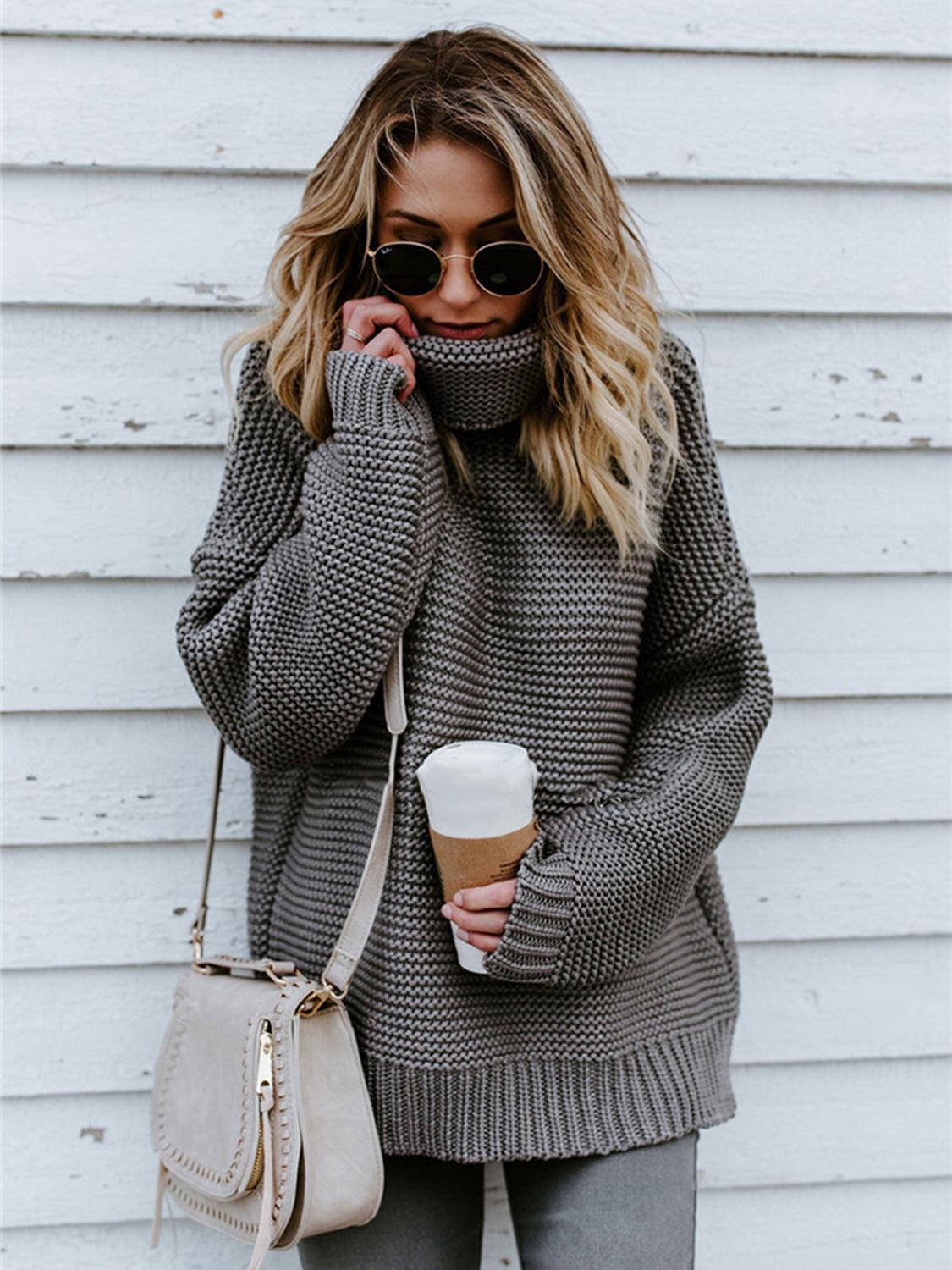 Turtleneck Dropped Shoulder Slit Sweater - Lab Fashion, Home & Health