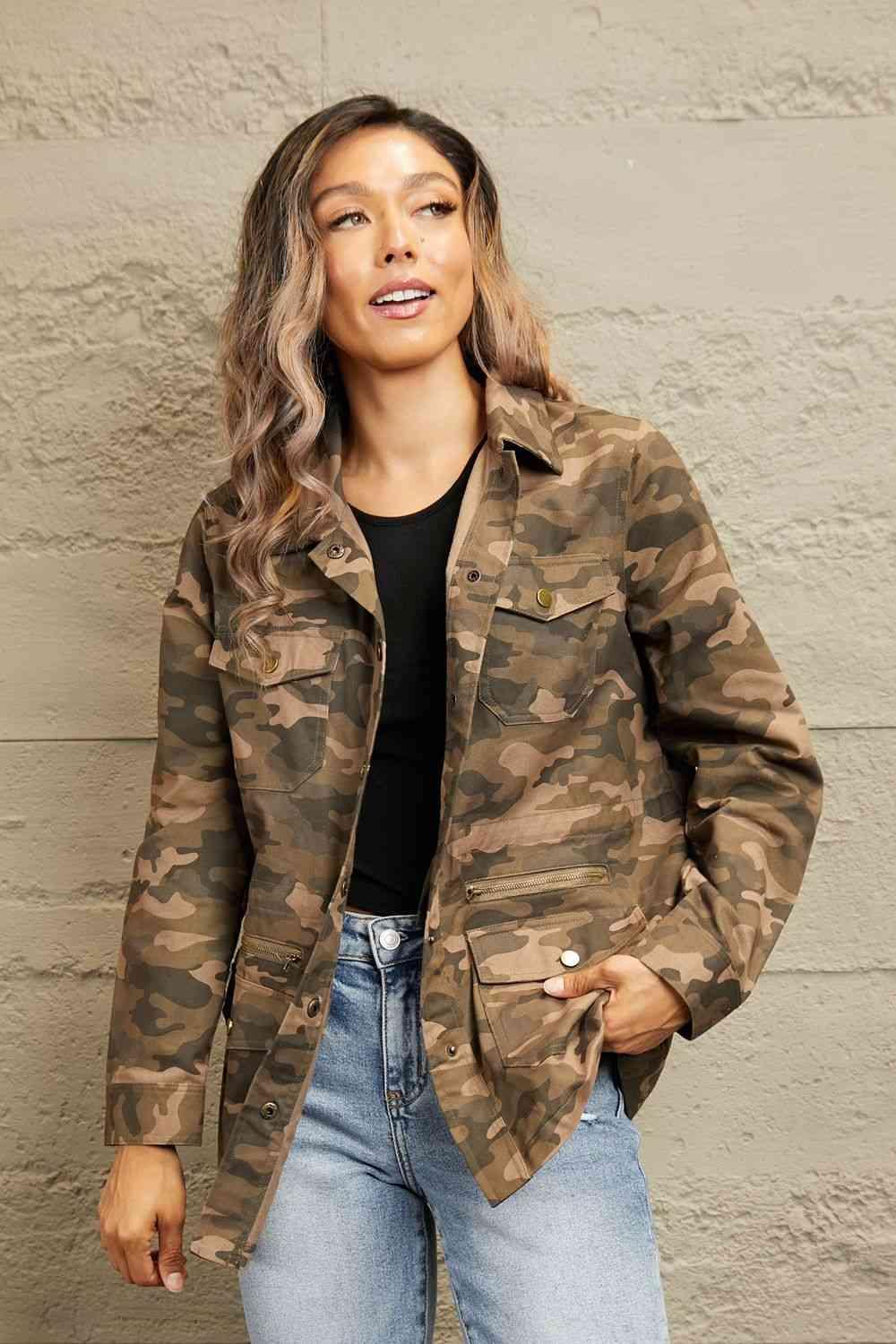 Double Take Camouflage Snap Down Jacket - Lab Fashion, Home & Health