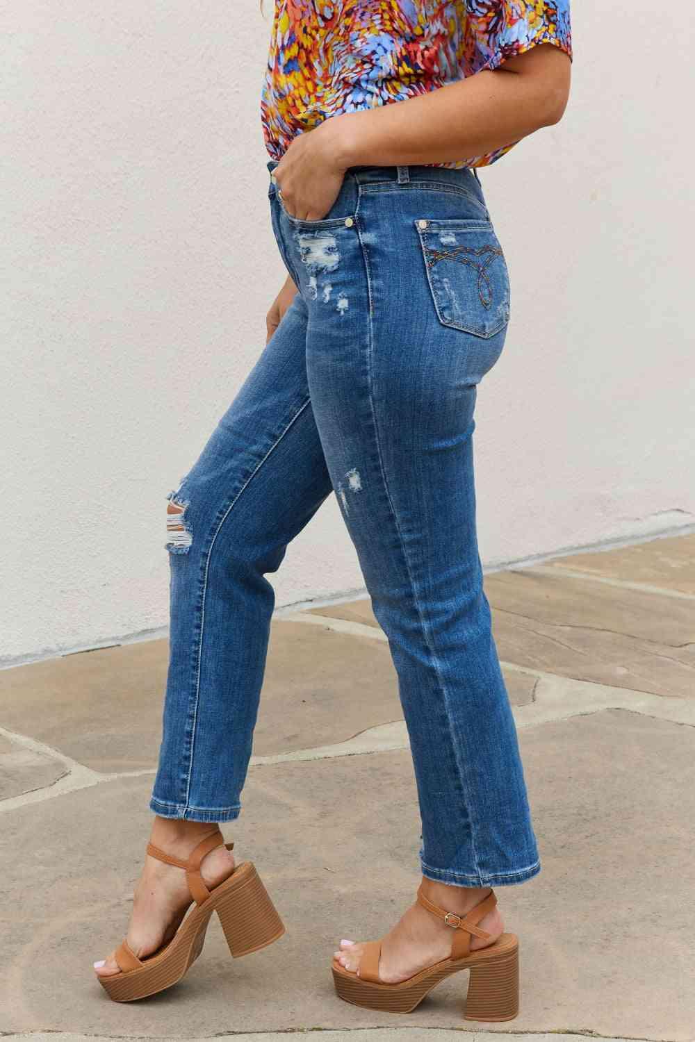 Judy Blue Theresa Full Size High Waisted Ankle Distressed Straight Jeans - Lab Fashion, Home & Health
