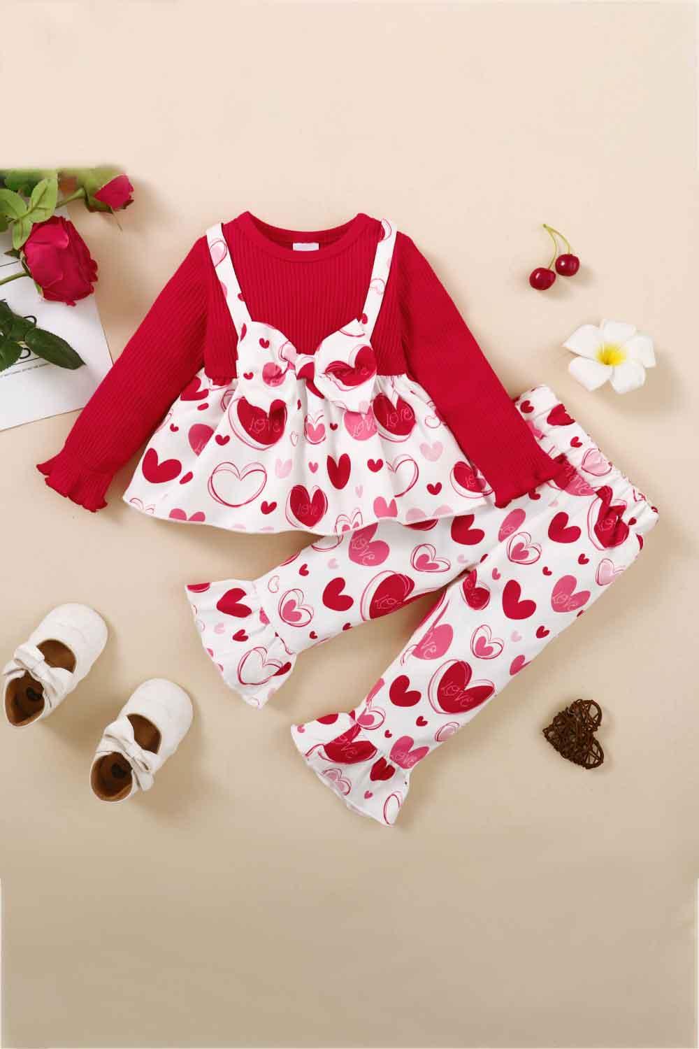 Girls Heart Print Bow Detail Sweater and Flare Pants Set - Lab Fashion, Home & Health