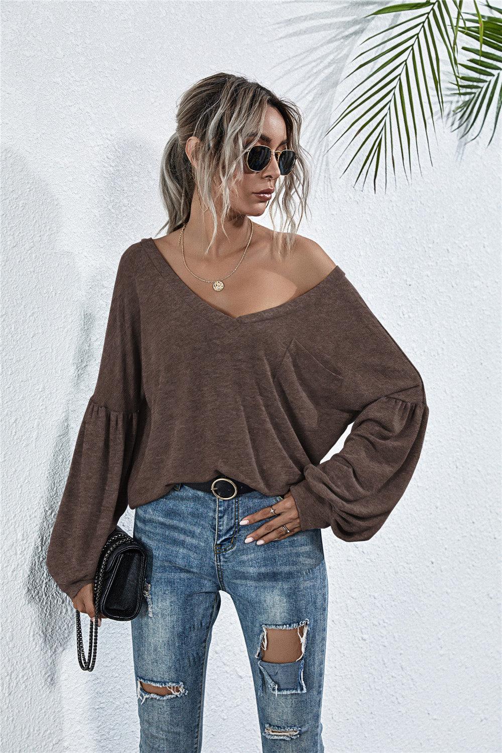 V-Neck Long Sleeve Dropped Shoulder Knit Top - Lab Fashion, Home & Health