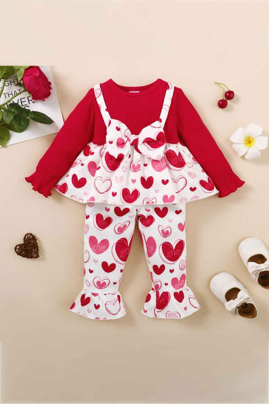 Girls Heart Print Bow Detail Sweater and Flare Pants Set - Lab Fashion, Home & Health