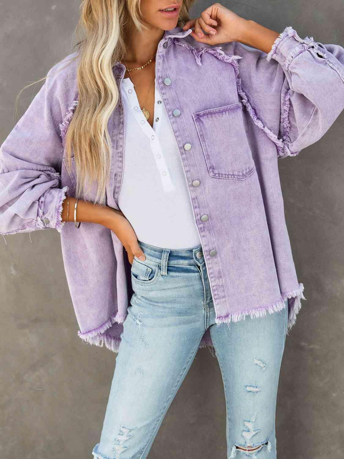 Button Down Raw Hem Denim Jacket - Lab Fashion, Home & Health