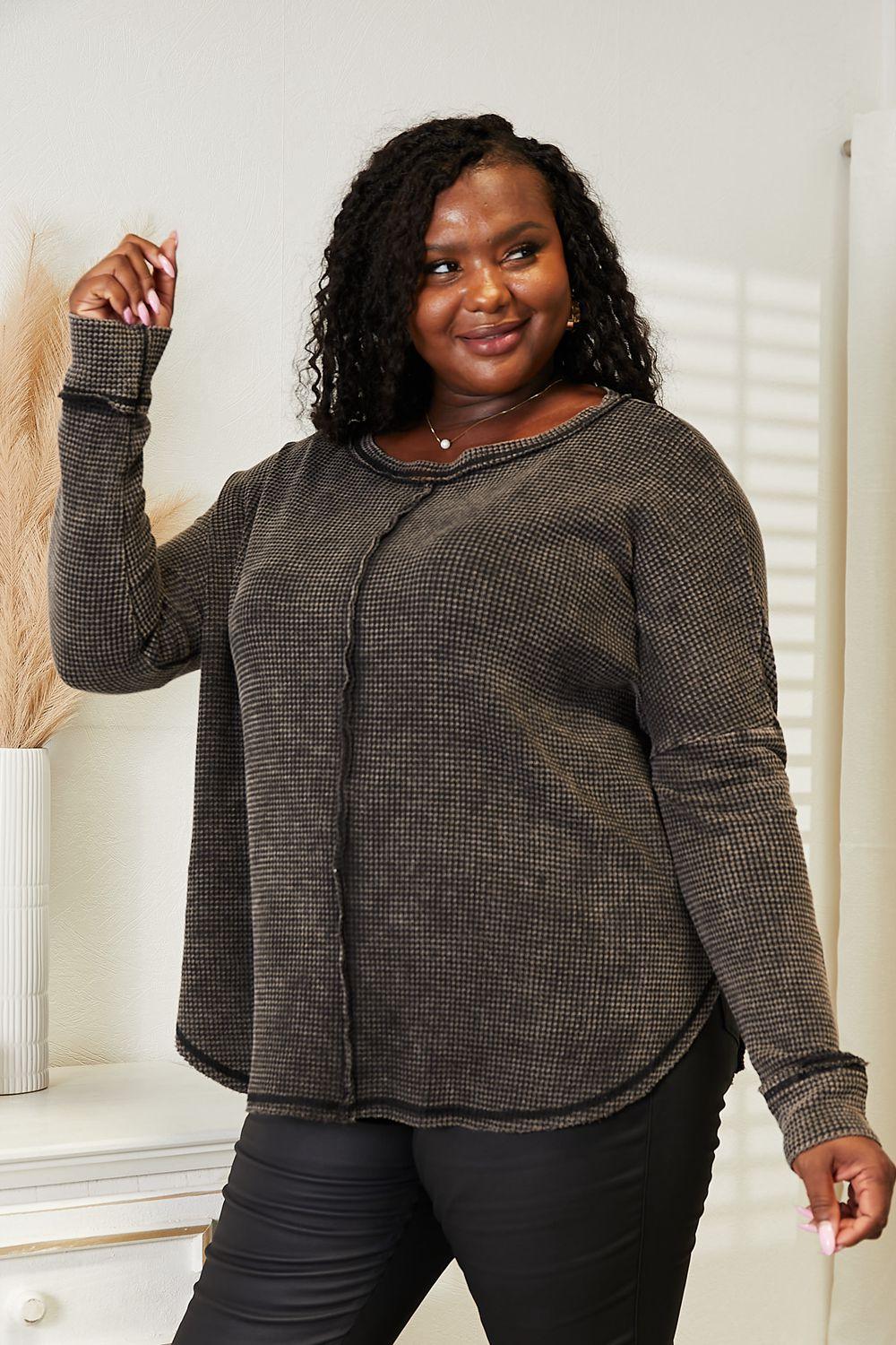 Zenana Full Size Washed Baby Waffle Oversized Long Sleeve Top - Lab Fashion, Home & Health