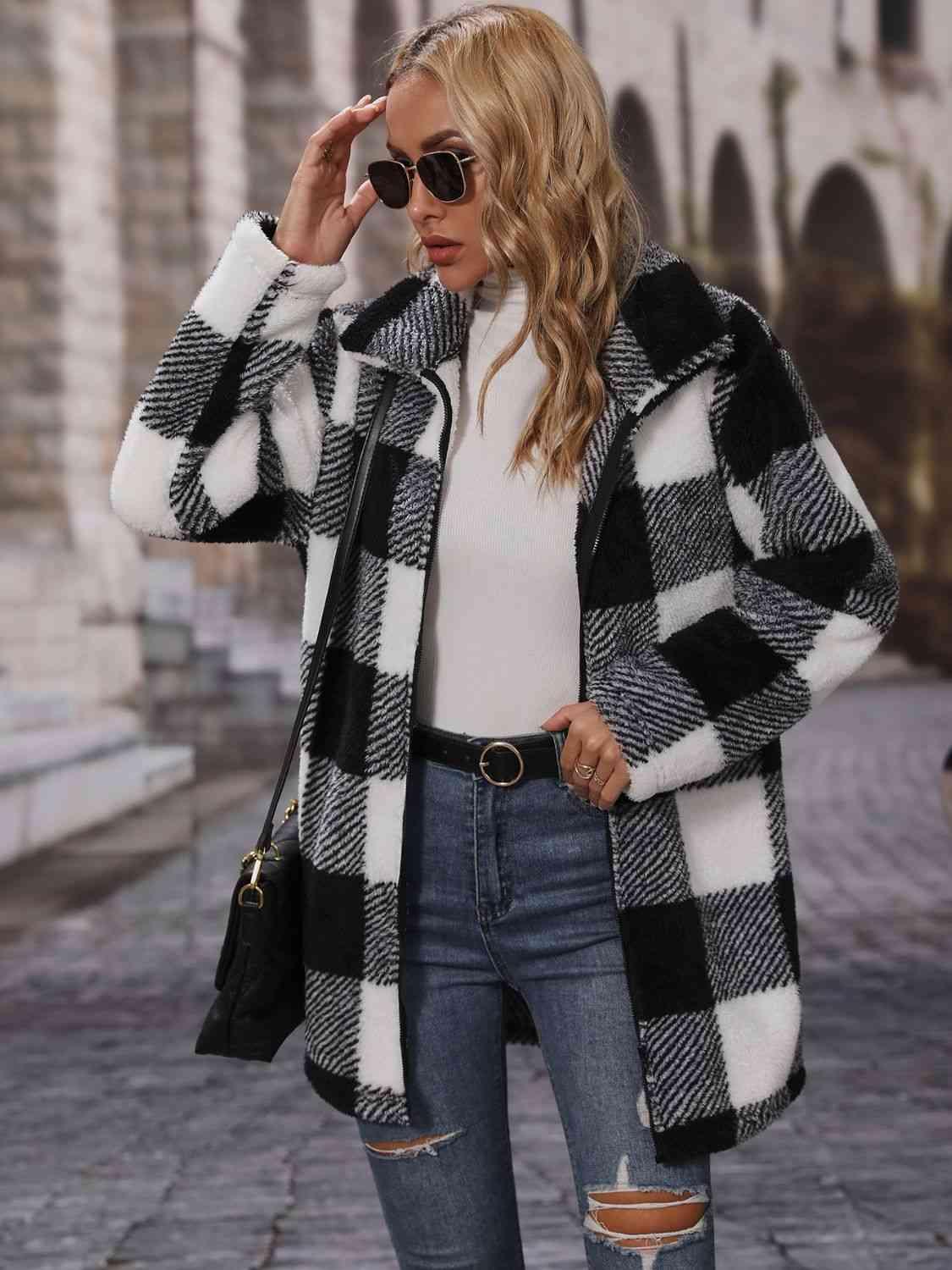 Plaid Collared Neck Coat with Pockets - Lab Fashion, Home & Health
