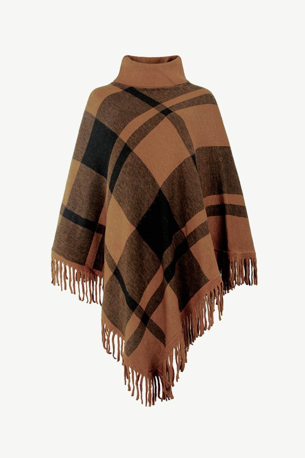 Plaid Turtleneck Fringe Hem Poncho - Lab Fashion, Home & Health