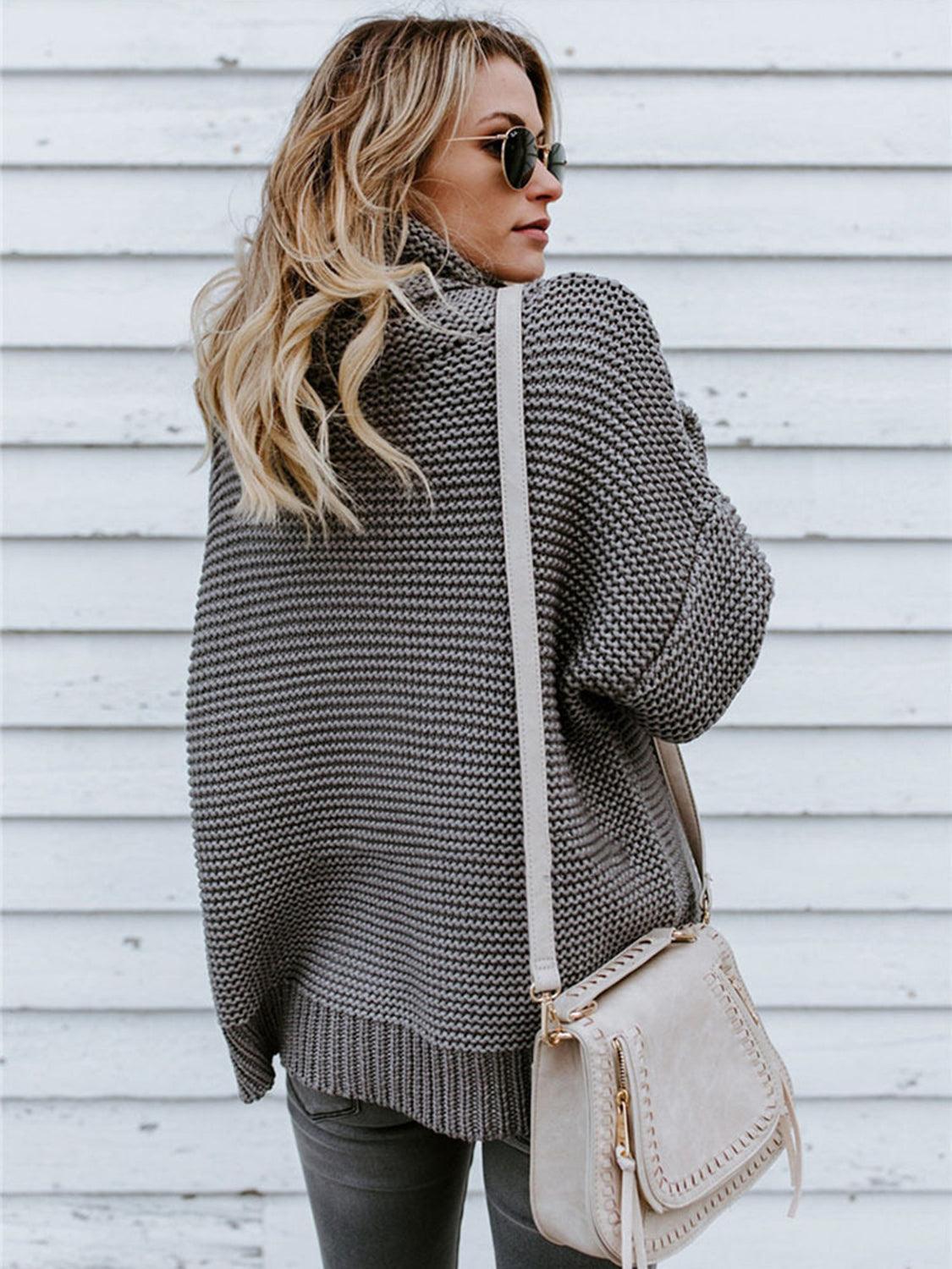 Turtleneck Dropped Shoulder Slit Sweater - Lab Fashion, Home & Health