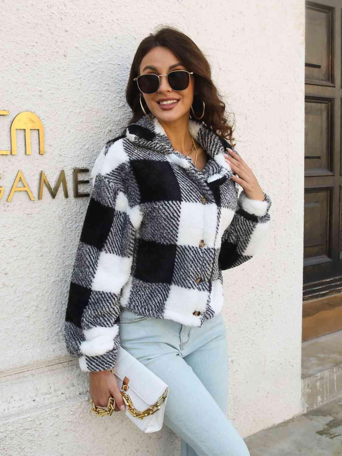 Plaid Dropped Shoulder Buttoned Jacket - Lab Fashion, Home & Health