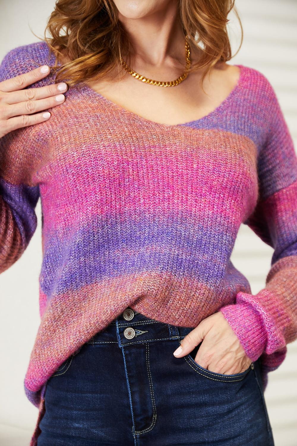 Multicolored Rib-Knit V-Neck Knit Pullover - Lab Fashion, Home & Health