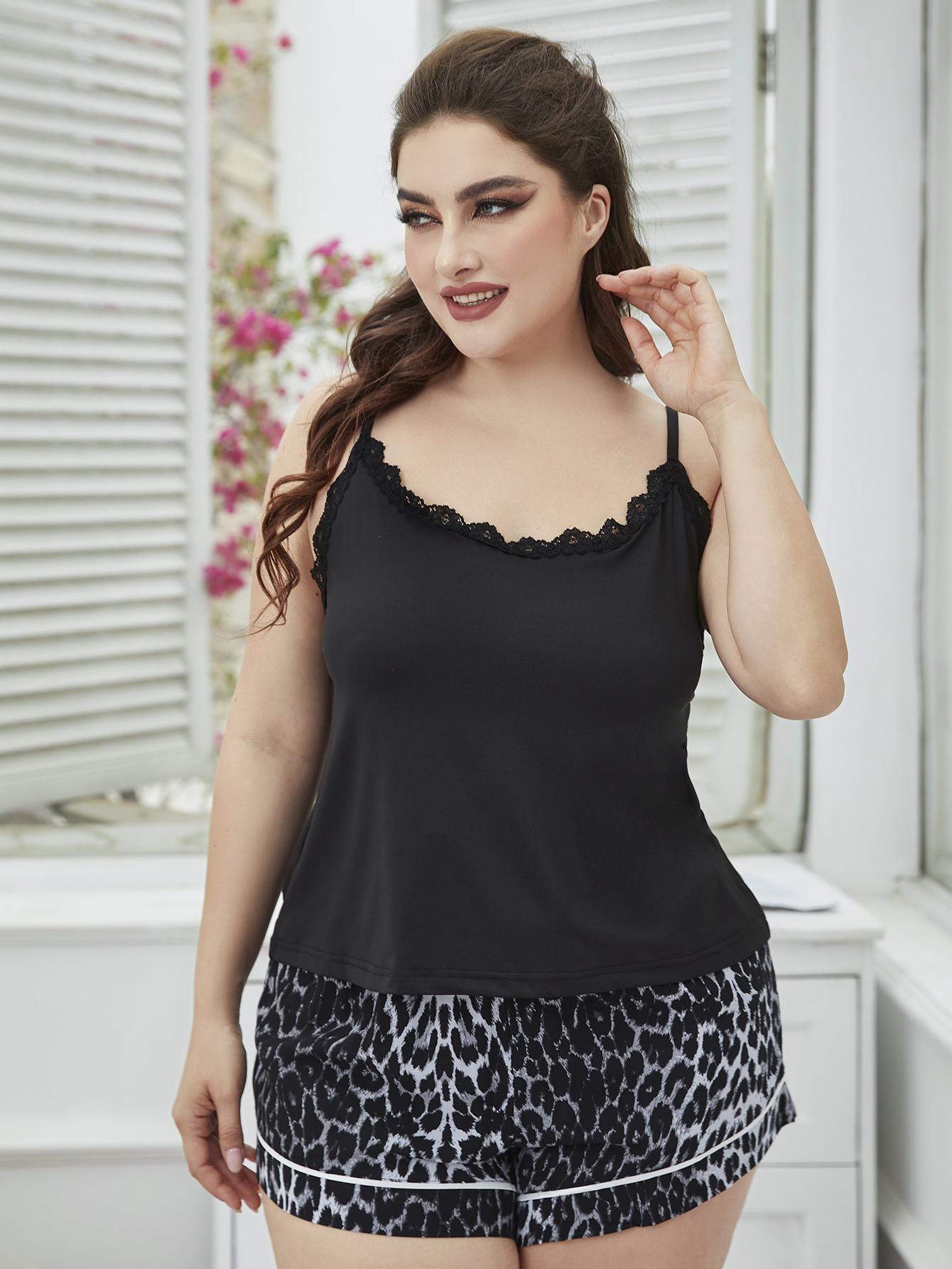 Plus Size Lace Trim Scoop Neck Cami and Printed Shorts Pajama Set - Lab Fashion, Home & Health