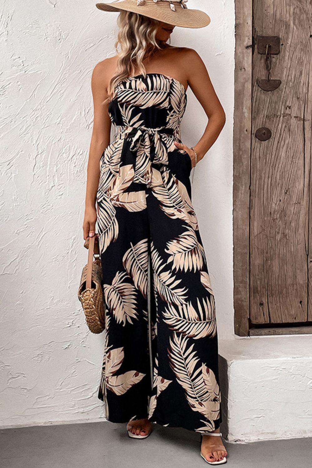 Printed Strapless Wide Leg Jumpsuit with Pockets - Lab Fashion, Home & Health