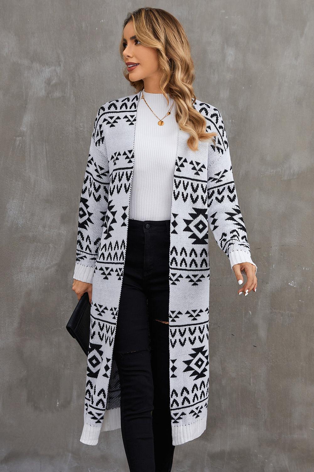 Geometric Open Front Longline Cardigan - Lab Fashion, Home & Health