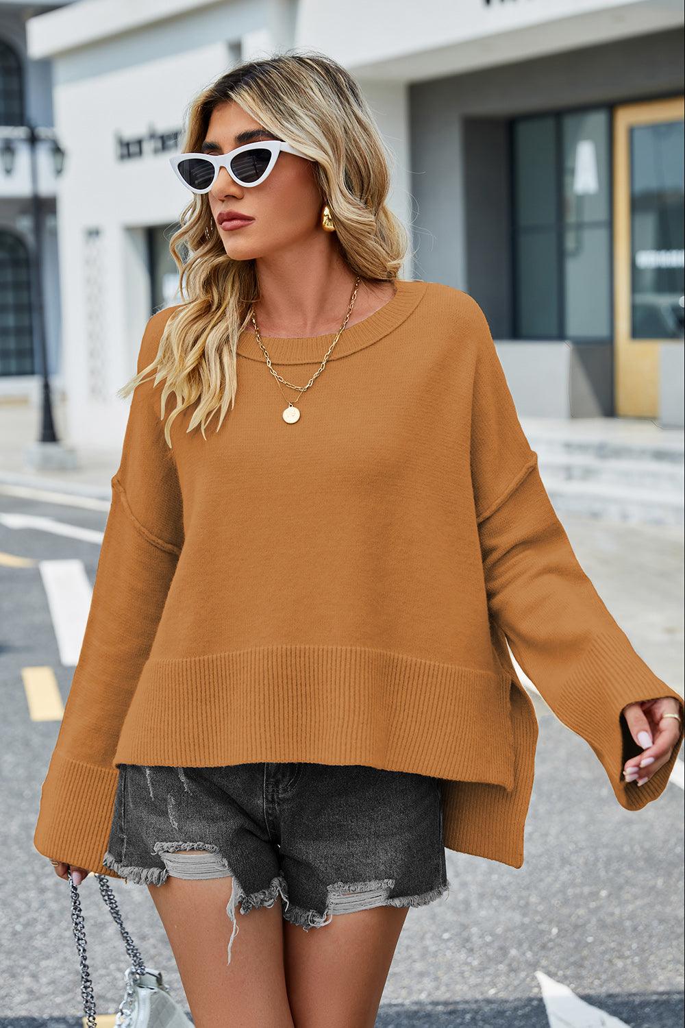 Round Neck Dropped Shoulder Slit Sweater - Lab Fashion, Home & Health