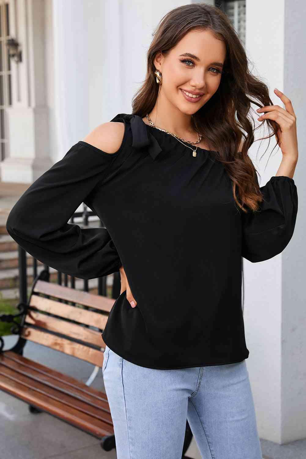 Double Take Tied Asymmetrical Neck Cold-Shoulder Blouse - Lab Fashion, Home & Health