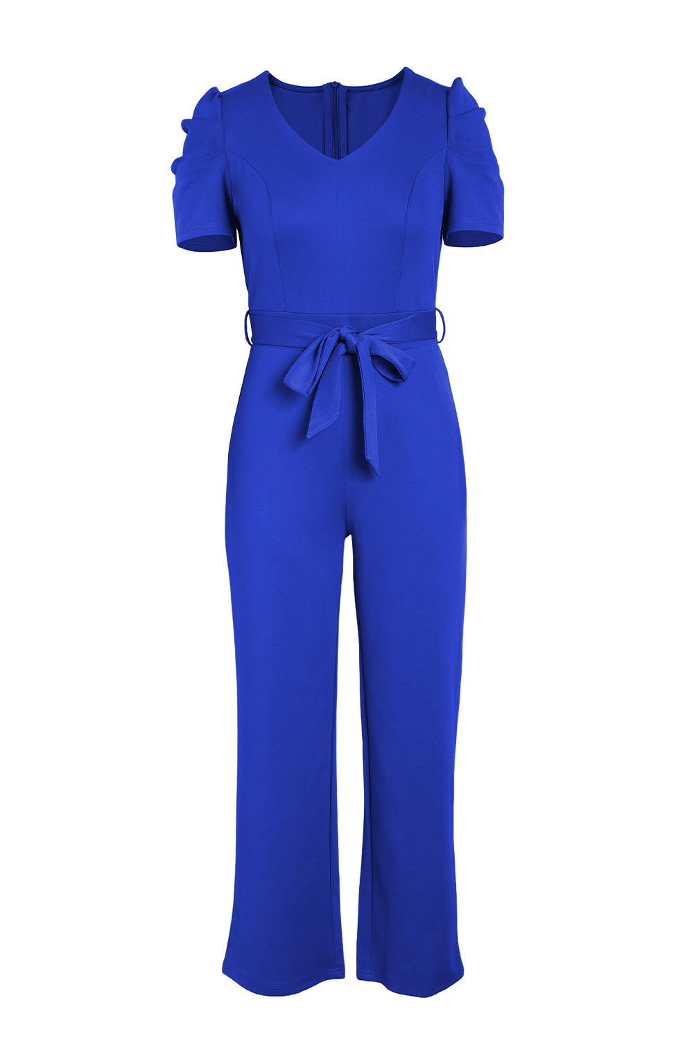 Belted Puff Sleeve V-Neck Jumpsuit - Lab Fashion, Home & Health