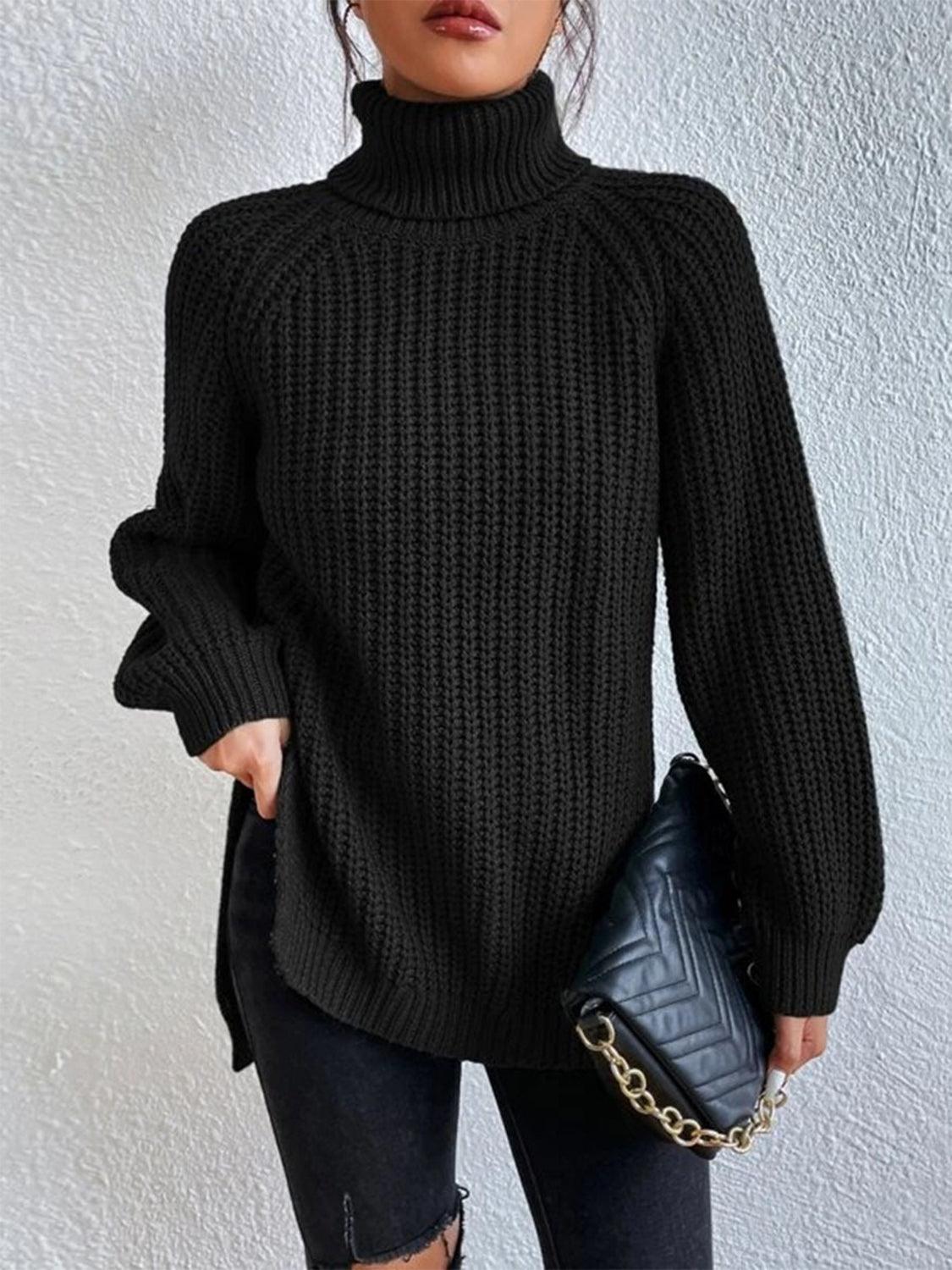 Full Size Turtleneck Slit Sweater - Lab Fashion, Home & Health