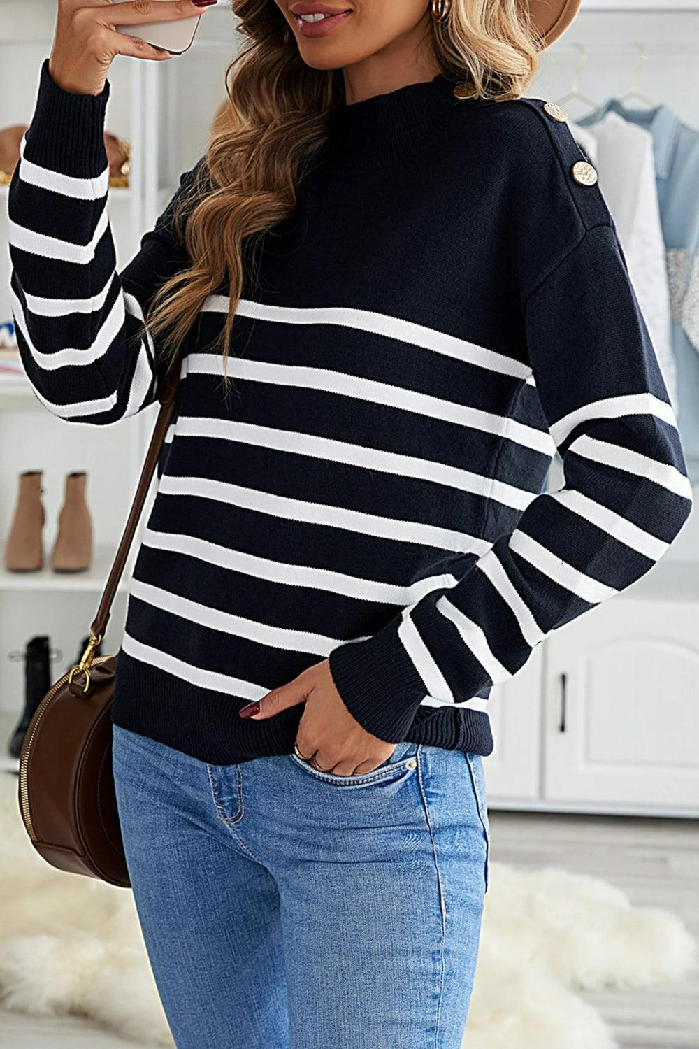 Striped Shoulder Detail Sweater - Lab Fashion, Home & Health