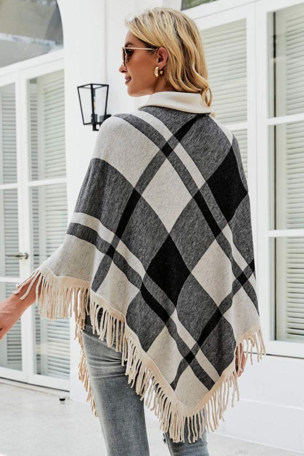 Plaid Turtleneck Fringe Hem Poncho - Lab Fashion, Home & Health