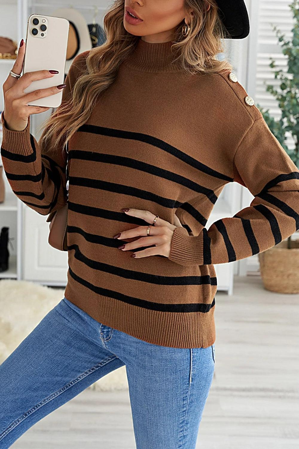 Striped Shoulder Detail Sweater - Lab Fashion, Home & Health