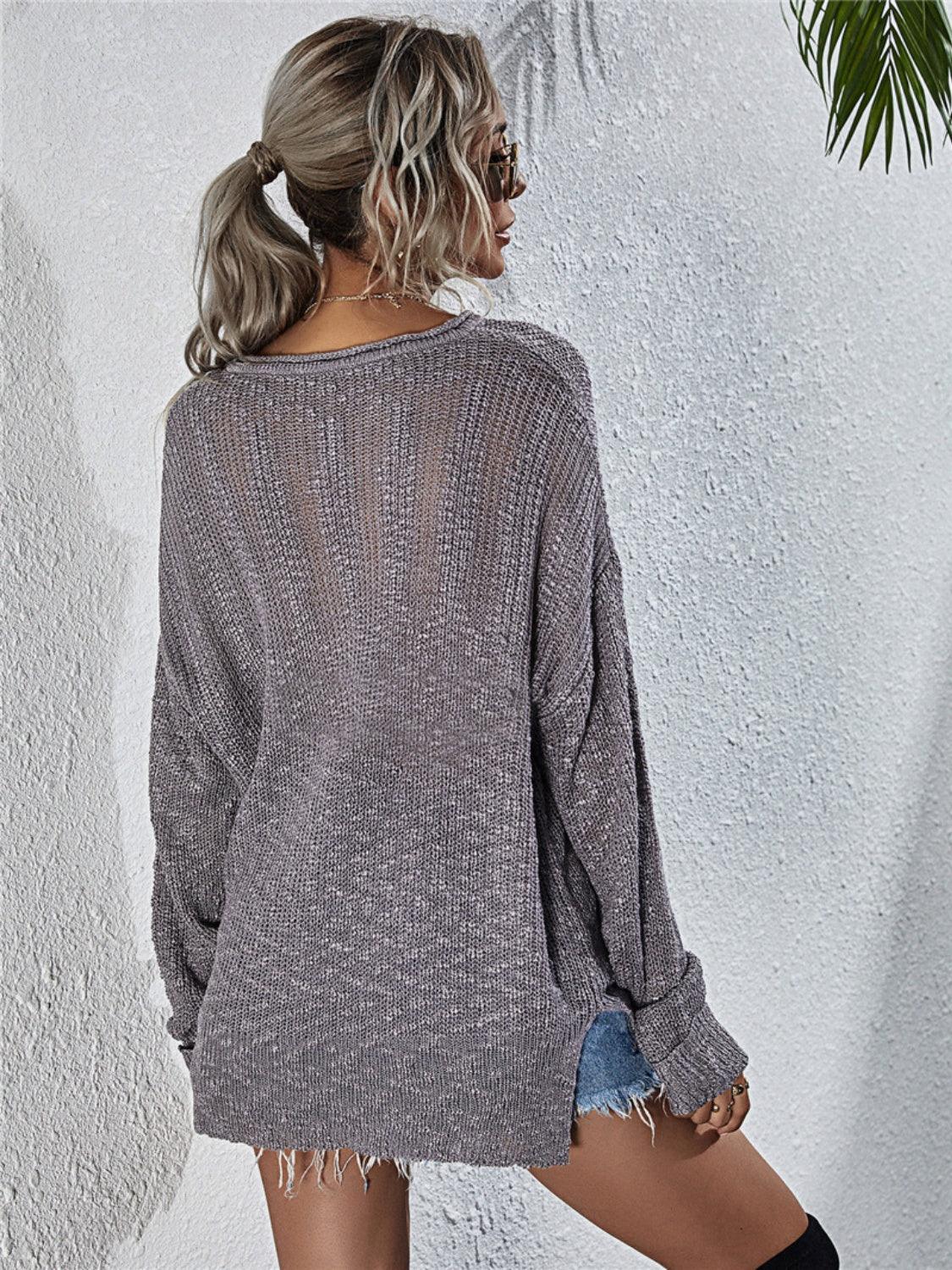 Notched Neck Slit Knit Top - Lab Fashion, Home & Health