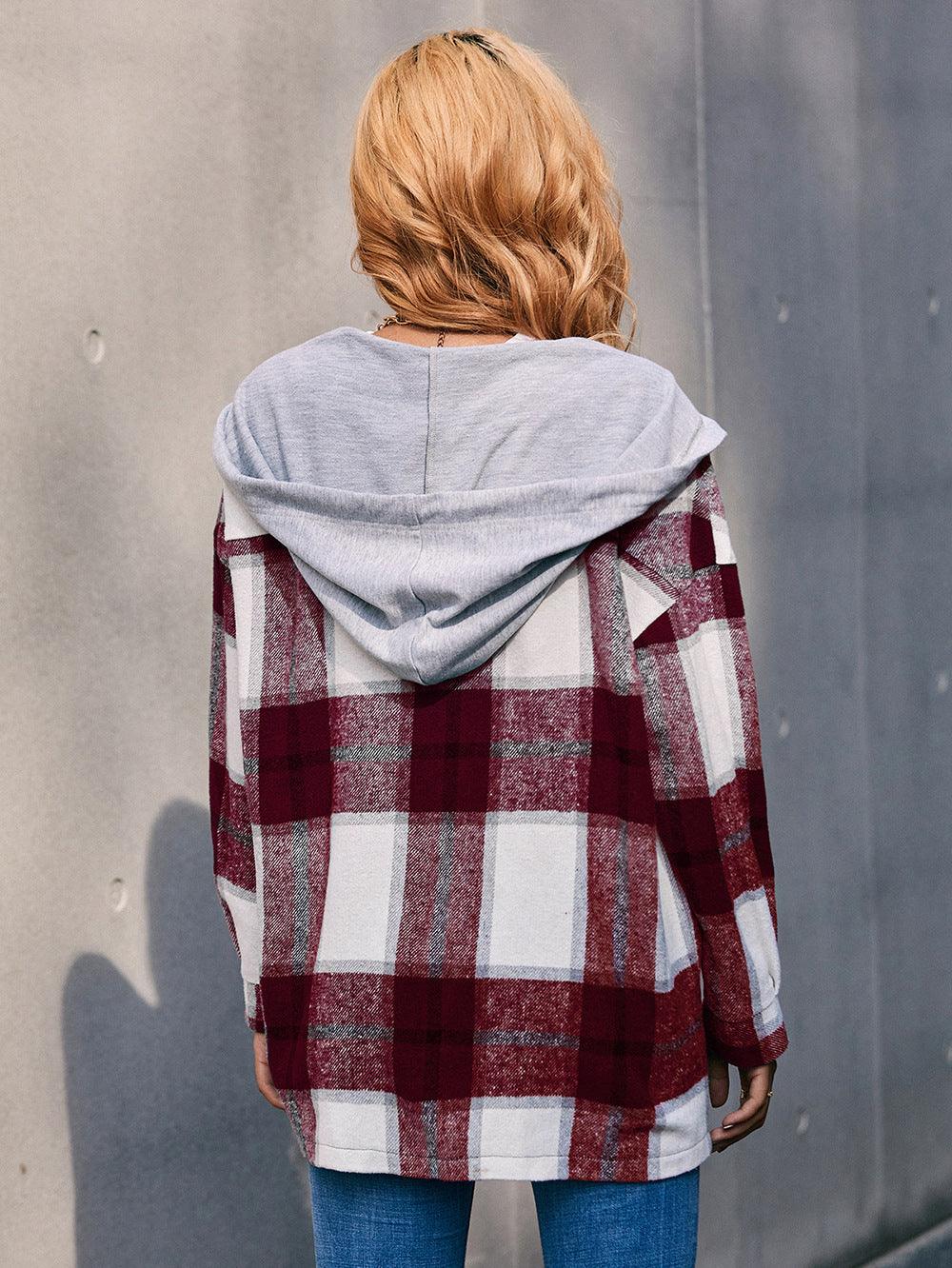 Plaid Dropped Shoulder Hooded Jacket - Lab Fashion, Home & Health