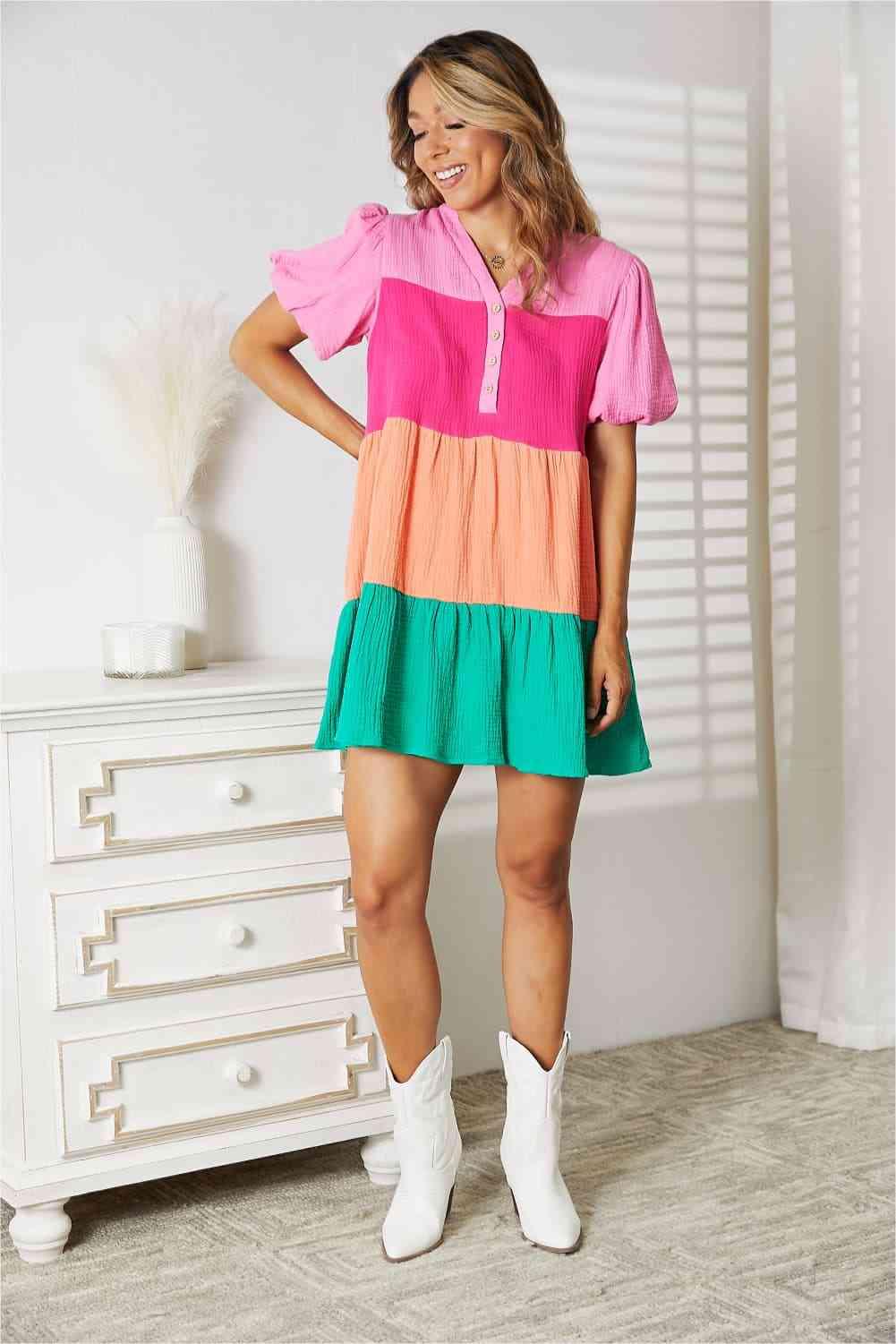 Double Take Color Block Buttoned Puff Sleeve Dress - Lab Fashion, Home & Health