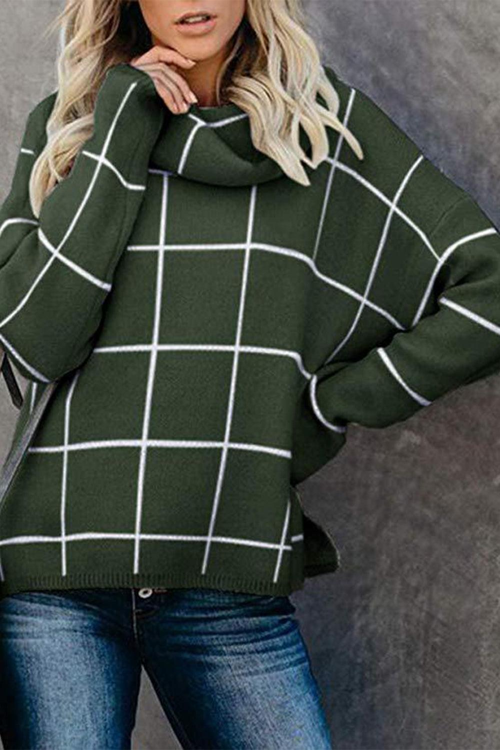 Plaid Turtleneck Drop Shoulder Sweater - Lab Fashion, Home & Health