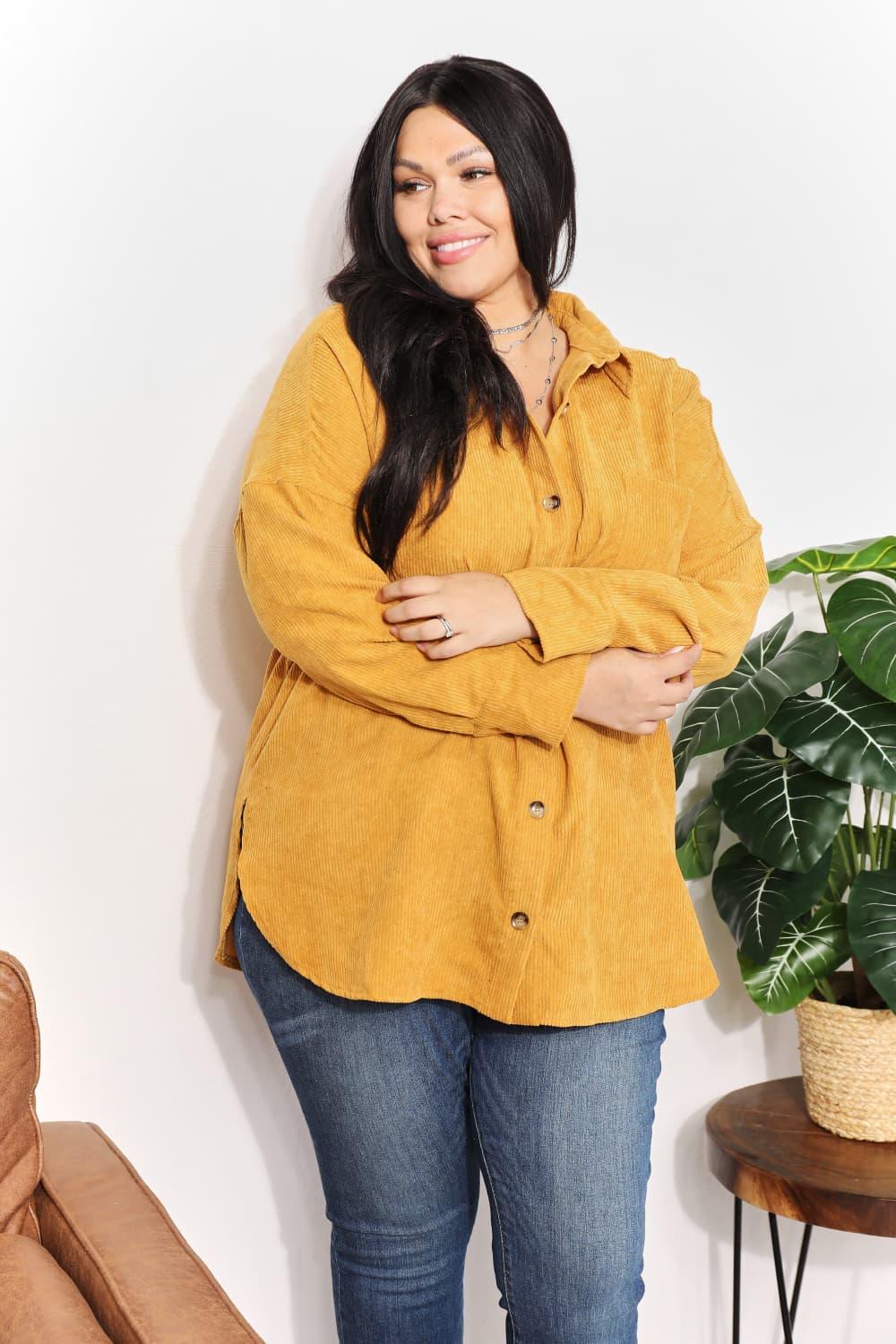 HEYSON Full Size Oversized Corduroy Button-Down Tunic Shirt with Bust Pocket - Lab Fashion, Home & Health
