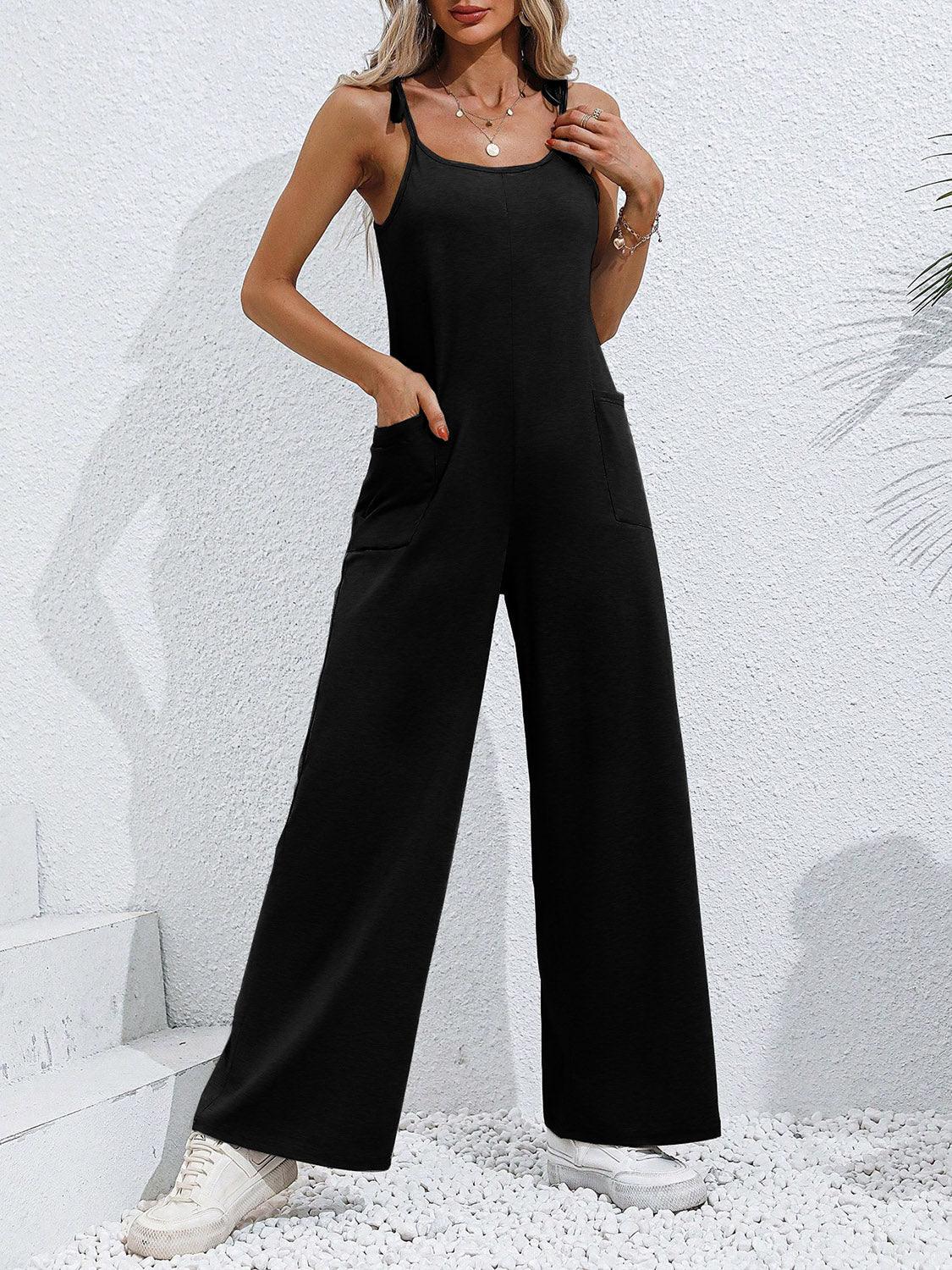 Tie-Shoulder Wide Leg Jumpsuit with Pockets - Lab Fashion, Home & Health