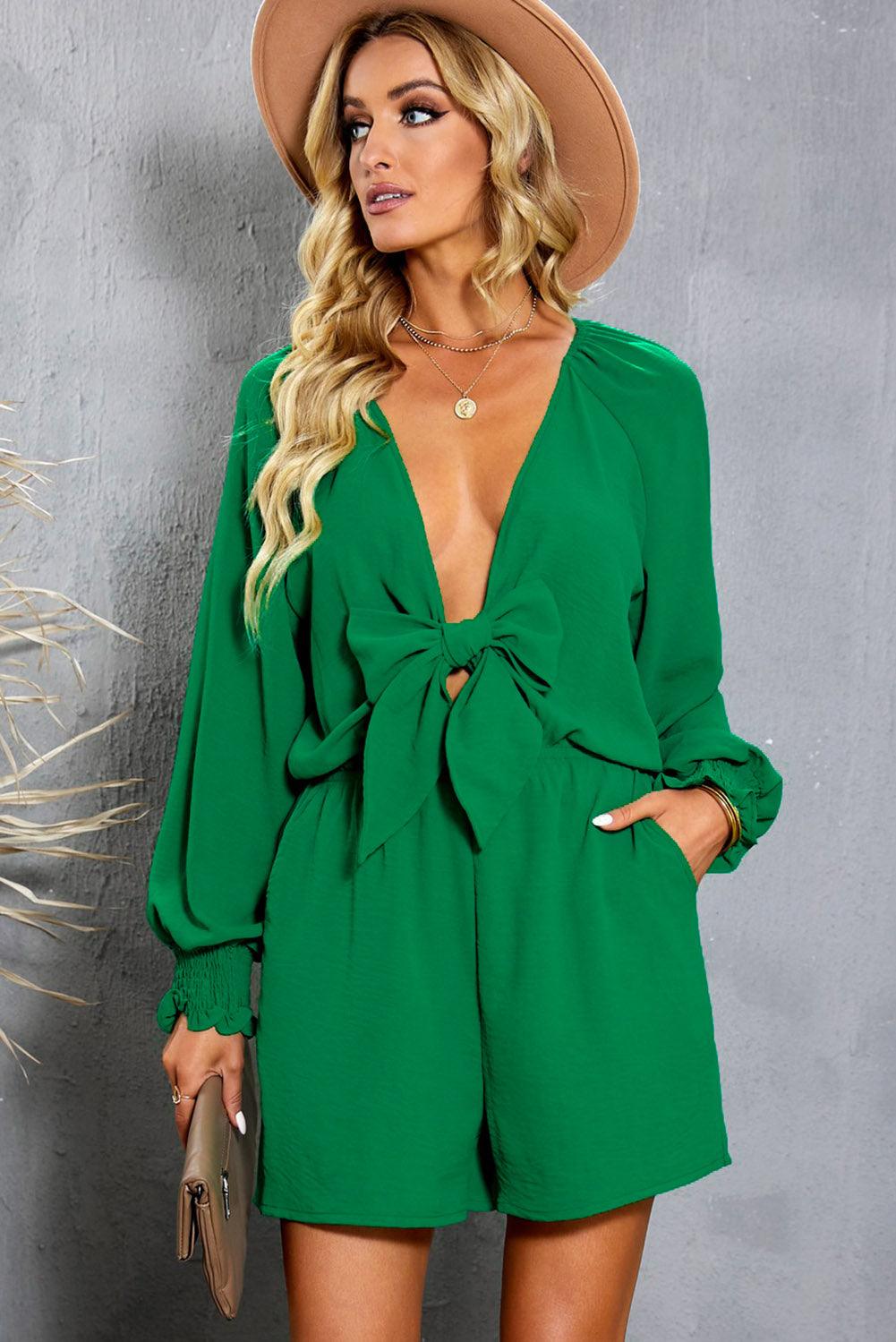Tied Flounce Sleeve Plunge Romper - Lab Fashion, Home & Health