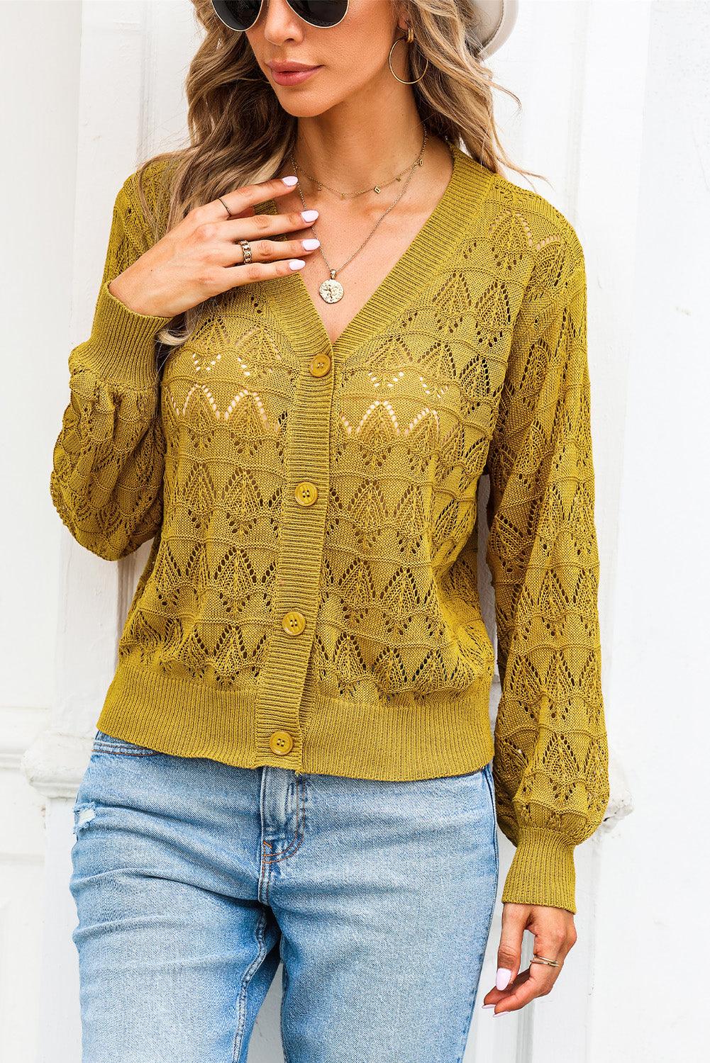 Openwork V-Neck Cardigan - Lab Fashion, Home & Health