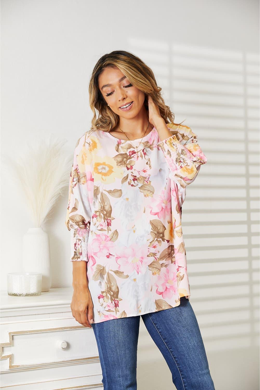 Double Take Floral Round Neck Three-Quarter Sleeve Top - Lab Fashion, Home & Health