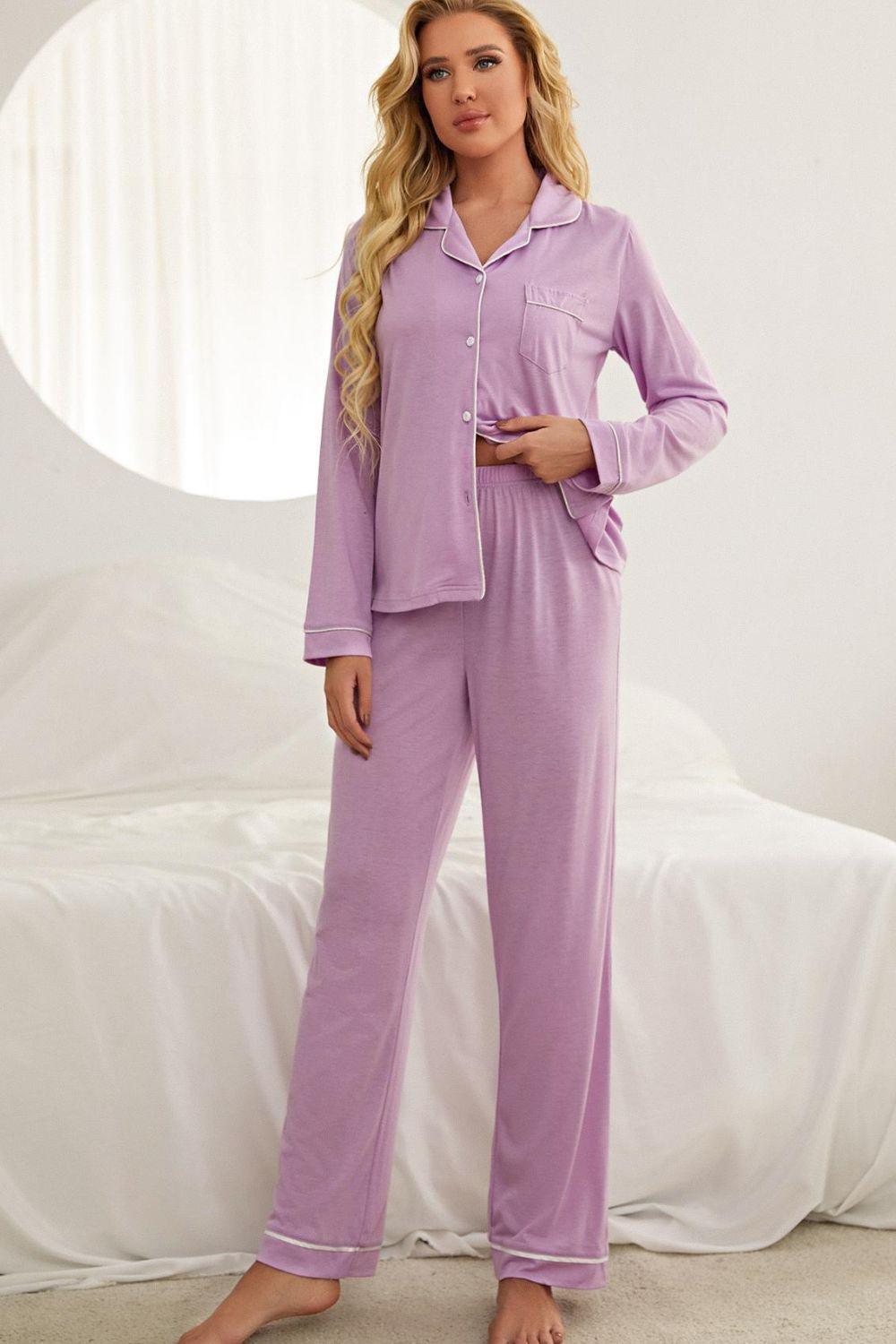 Contrast Piping Button Down Top and Pants Loungewear Set - Lab Fashion, Home & Health