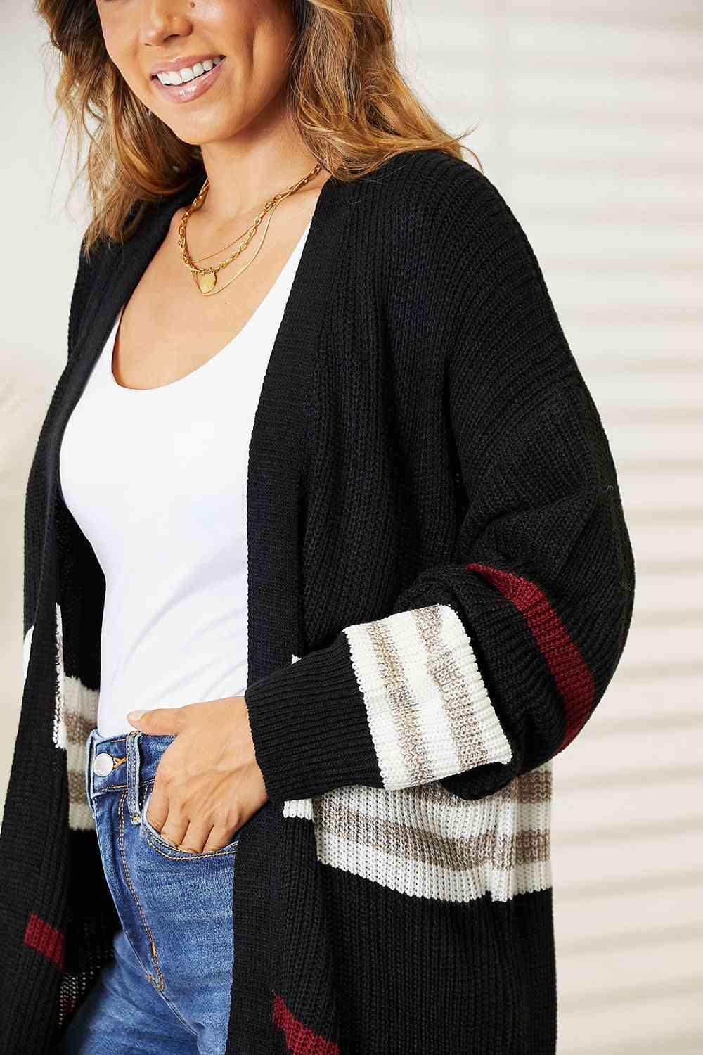 Double Take Striped Drop Shoulder Open Front Cardigan - Lab Fashion, Home & Health