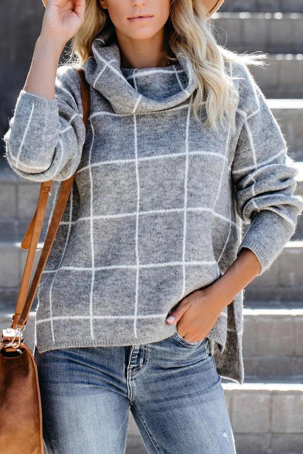 Plaid Turtleneck Drop Shoulder Sweater - Lab Fashion, Home & Health