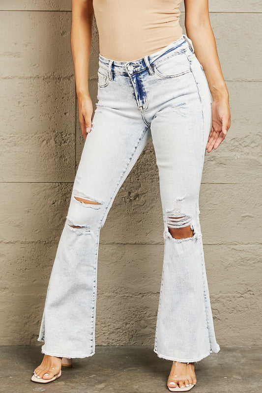 BAYEAS Mid Rise Flared Acid Wash Distressed Jeans - Lab Fashion, Home & Health