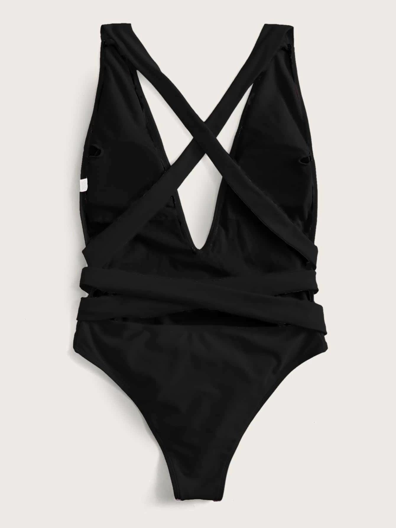 Halter Neck Deep V Tied One-Piece Swimsuit - Lab Fashion, Home & Health