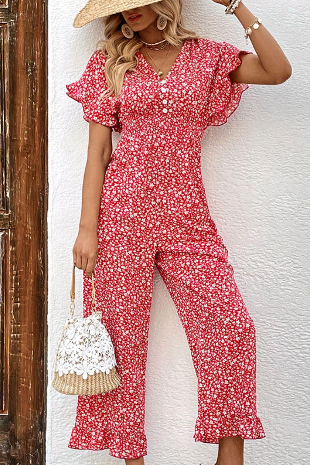 Printed Tie Back Ruffled Jumpsuit - Lab Fashion, Home & Health